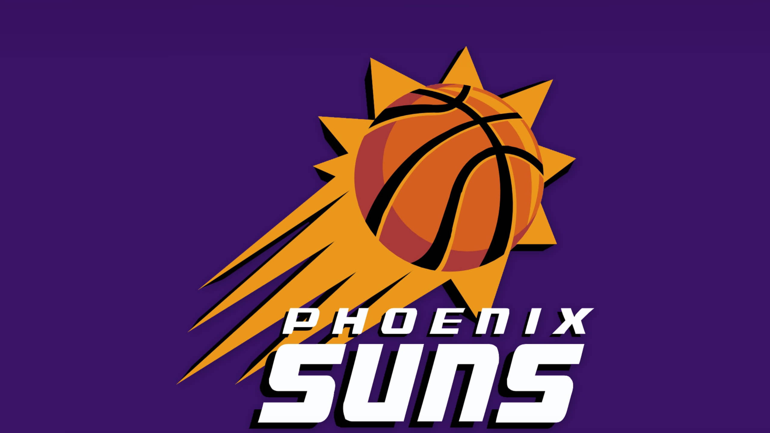 Suns 桌布 壁紙 — 一個大膽的鳳凰城太陽隊標誌，以一個在深紫色背景上散發太陽光線的籃球為特色。