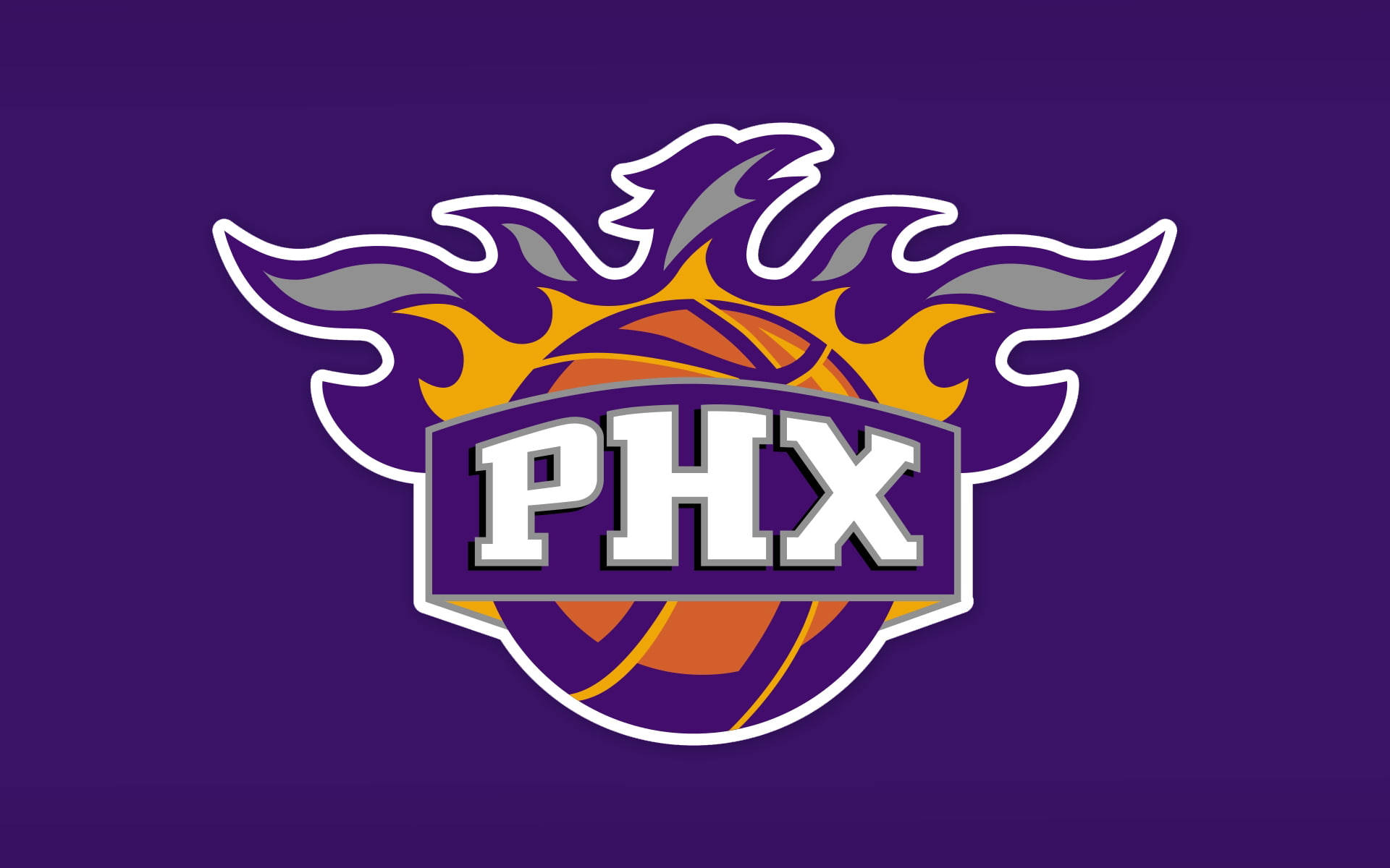 Suns 桌布 壁紙 — 一個大膽的鳳凰城太陽隊標誌，籃球被火焰包圍，背景為深紫色。