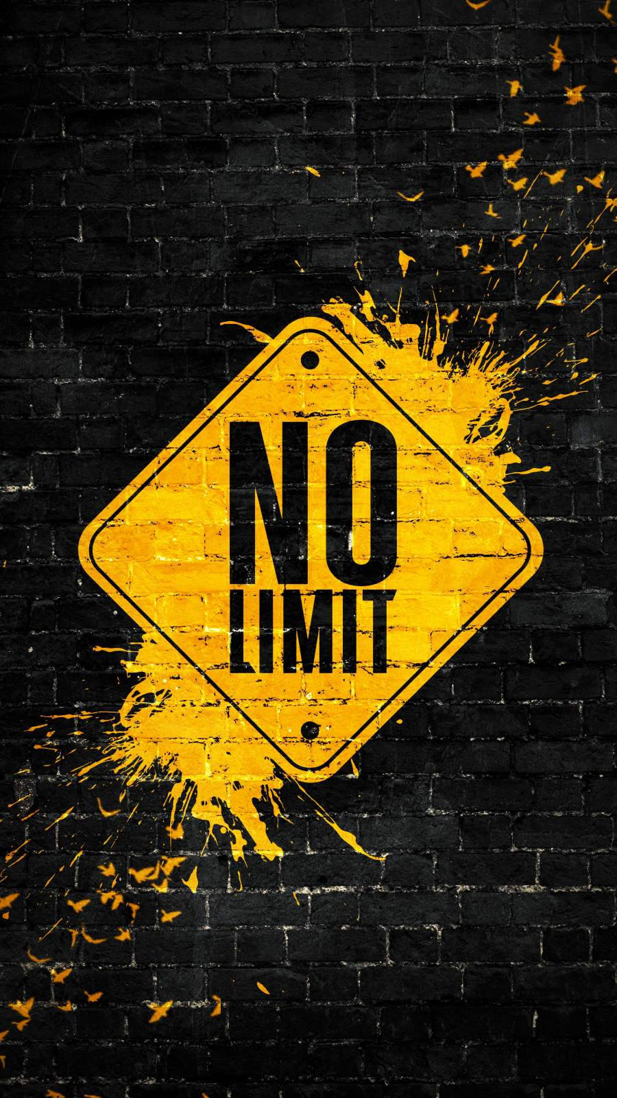 手機 桌布 壁紙 — 一個大膽的黃色「NO LIMIT」標誌，帶有動態的油漆飛濺，噴灑在粗糙的黑色磚牆上。
