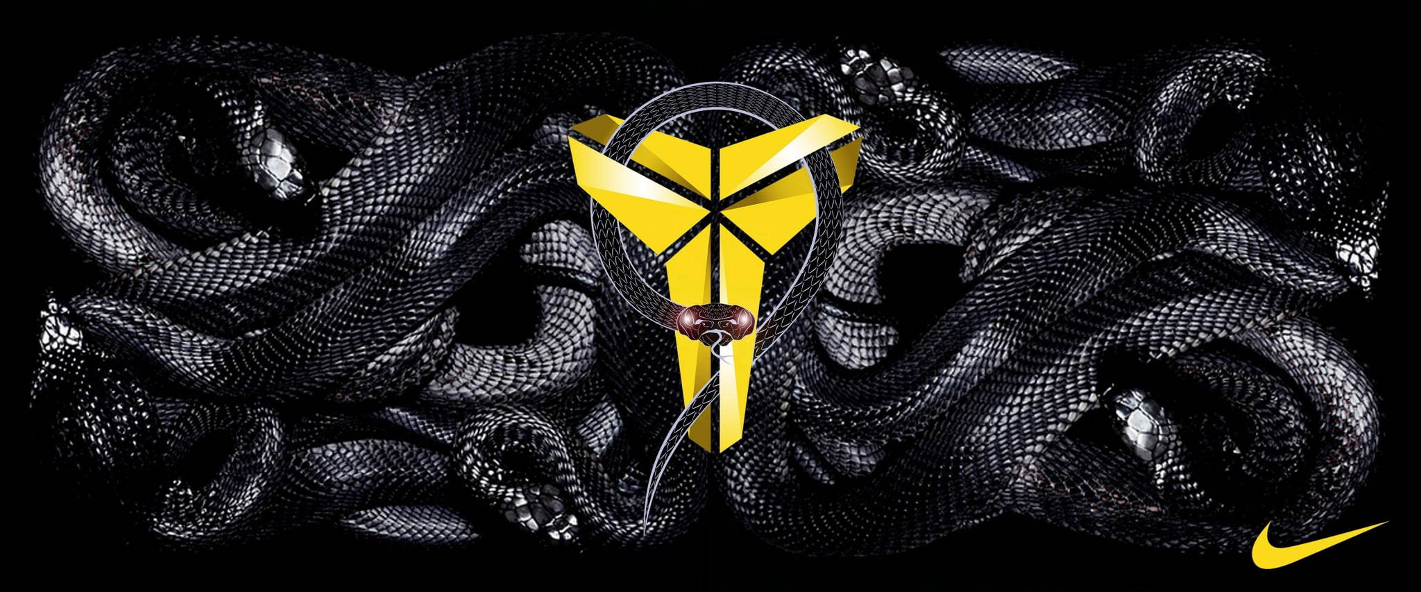 籃球 桌布 壁紙 — 一個大膽的黃色Nike Kobe標誌從一團纏繞的黑蛇中浮現，背景為深色。