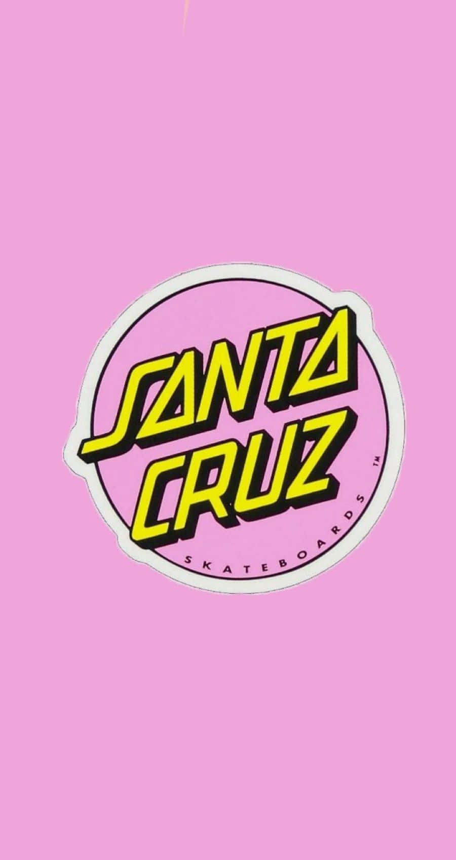 Santa Cruz 桌布 壁紙 — 一個大膽的黃色Santa Cruz Skateboards標誌貼紙，居中在純粉紅色背景上。