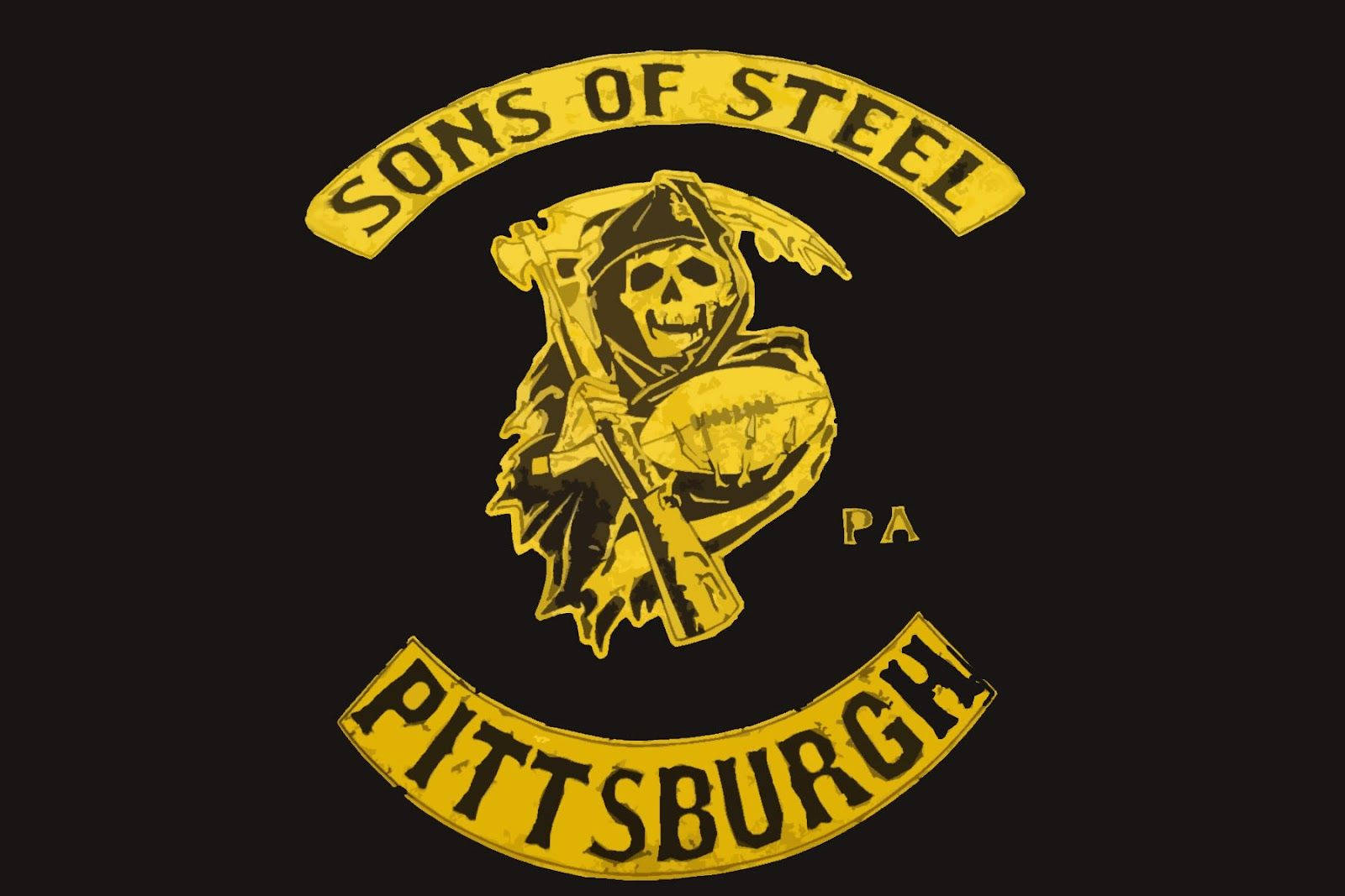 黃色Sons of Steel Pittsburgh標誌，死神手持美式足球在黑色背景上。 — 鋼人隊 GIF 壁紙