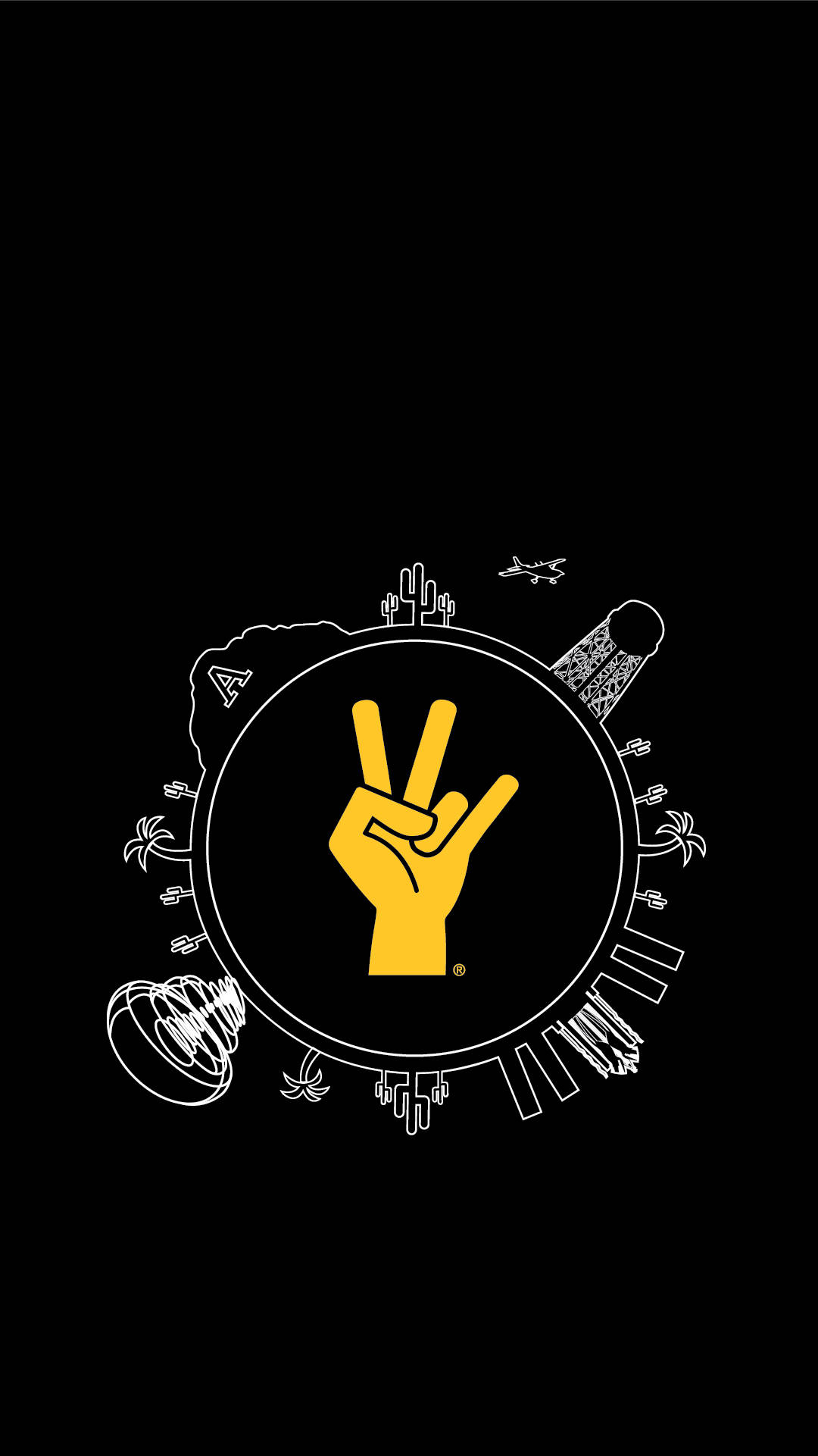 學校 桌布 壁紙 — 一個大膽的黃色和平手勢，置於白色圓形框架中央，周圍環繞著極簡旅行圖標，背景為黑色。