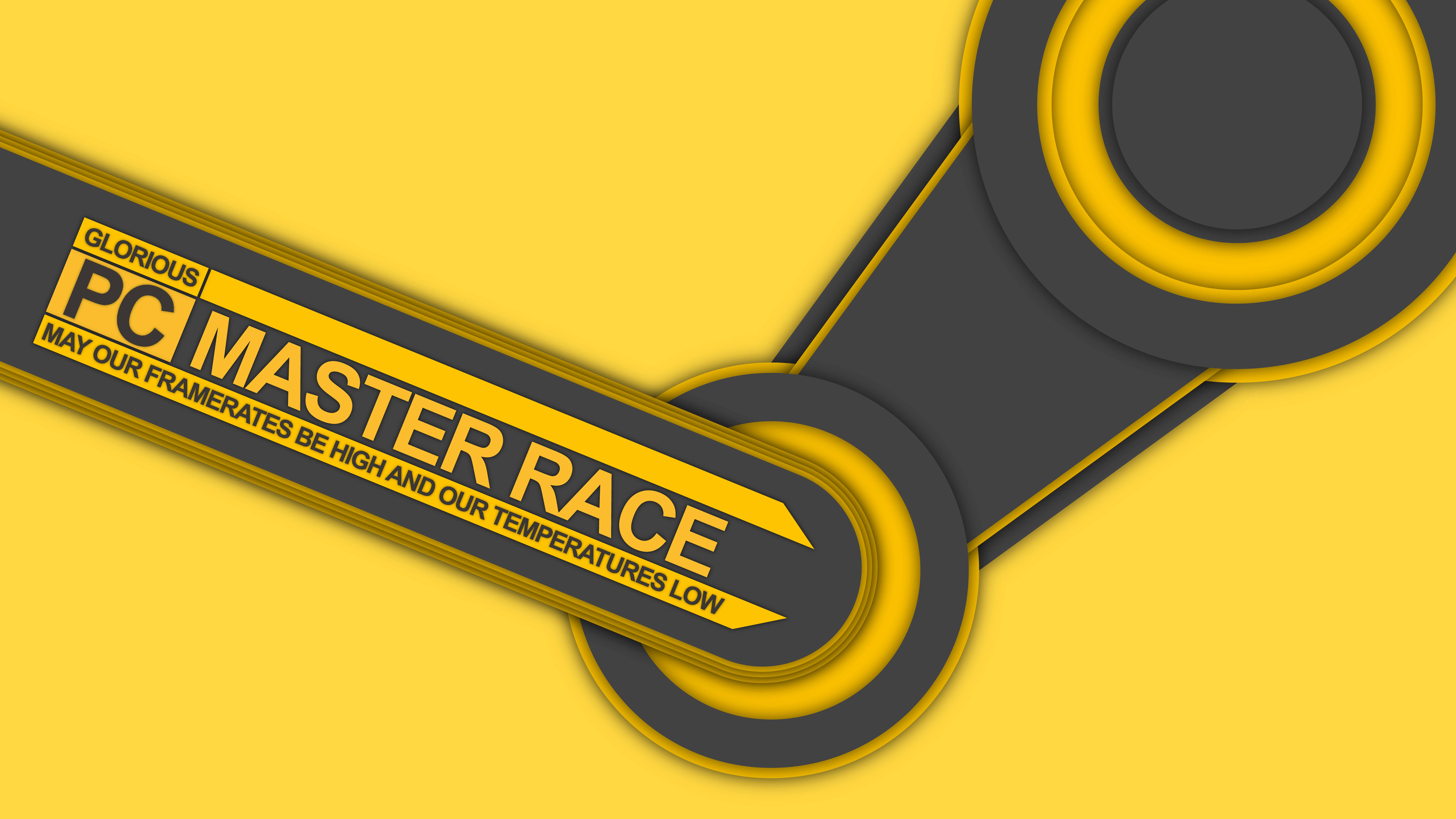 meme 桌布 壁紙 — 一個大膽的黃色和黑色 Steam 標誌，上面有 'PC MASTER RACE' 文字，背景為鮮豔的黃色。