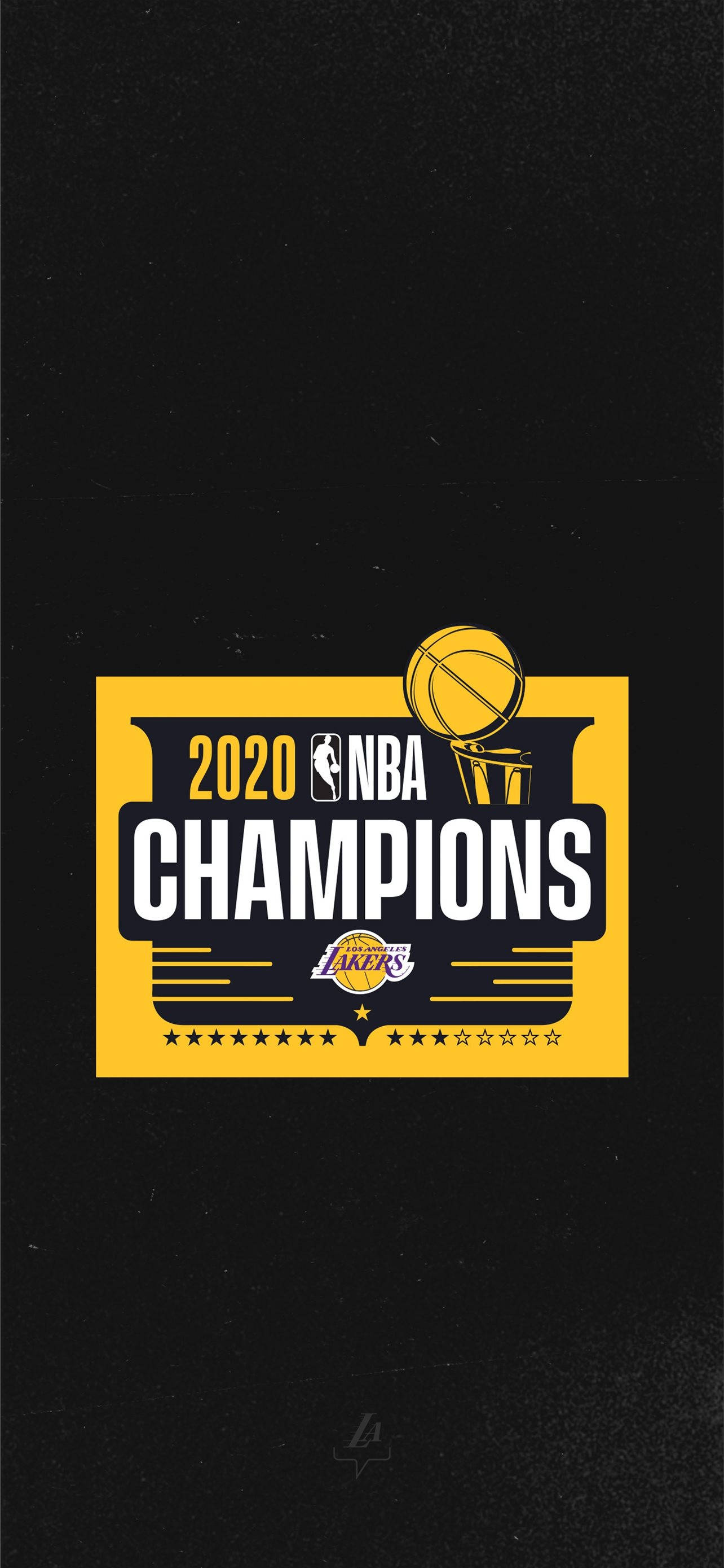 Lakers iPhone 桌布 壁紙 — 一個大膽的黃色和黑色2020年NBA冠軍湖人隊旗幟，帶有獎盃圖案，背景為紋理黑色。