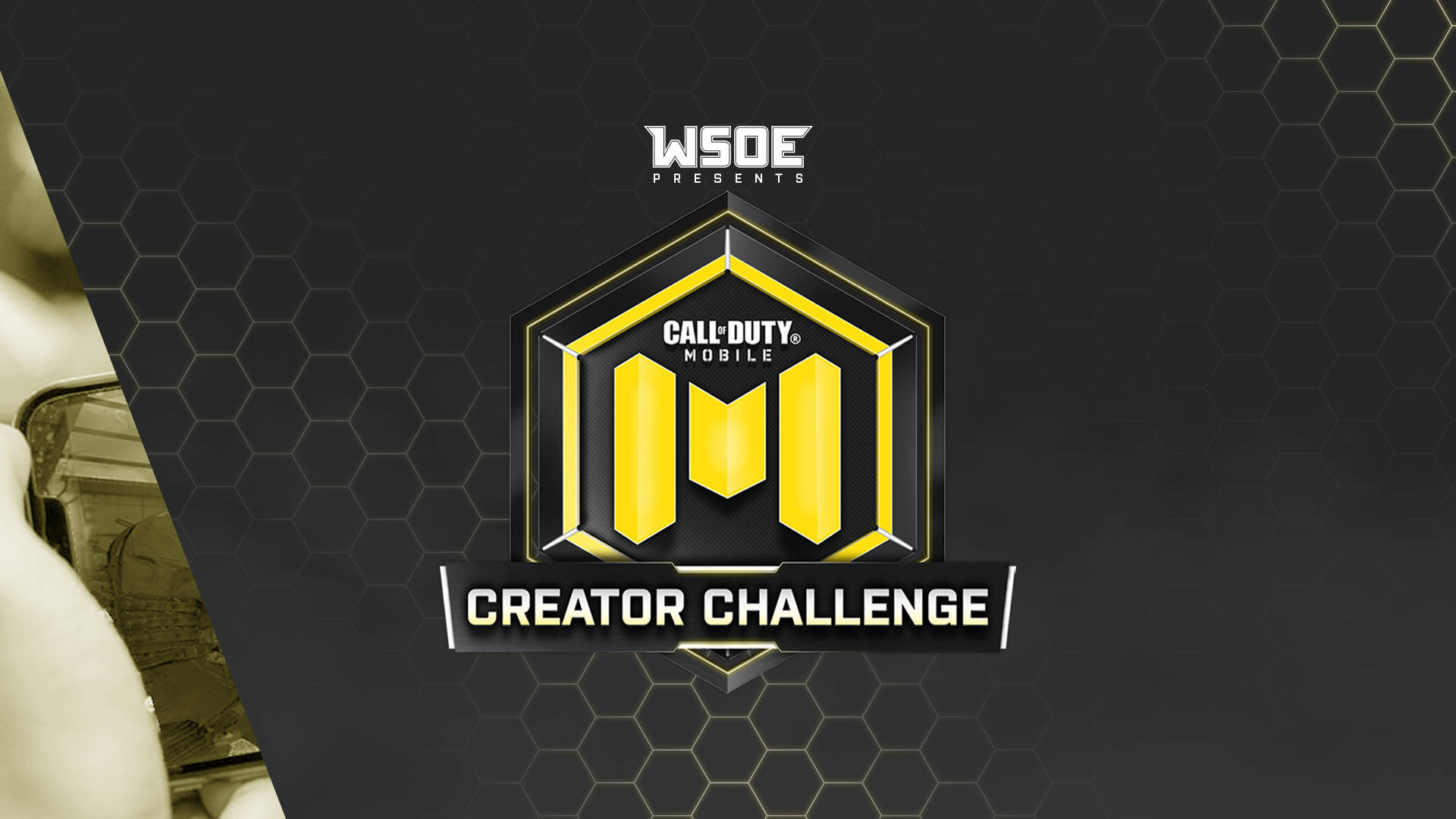 Call 桌布 壁紙 — 一個大膽的黃色和黑色六邊形標誌，用於 Call of Duty Mobile Creator Challenge，背景為深色六邊形圖案。