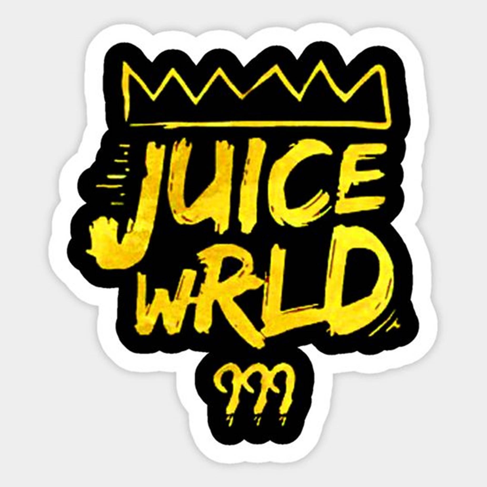 貼紙，以大膽的黃色塗鴉字體顯示Juice WRLD名稱，帶有皇冠和M符號。 — Juice Wrld 壁紙