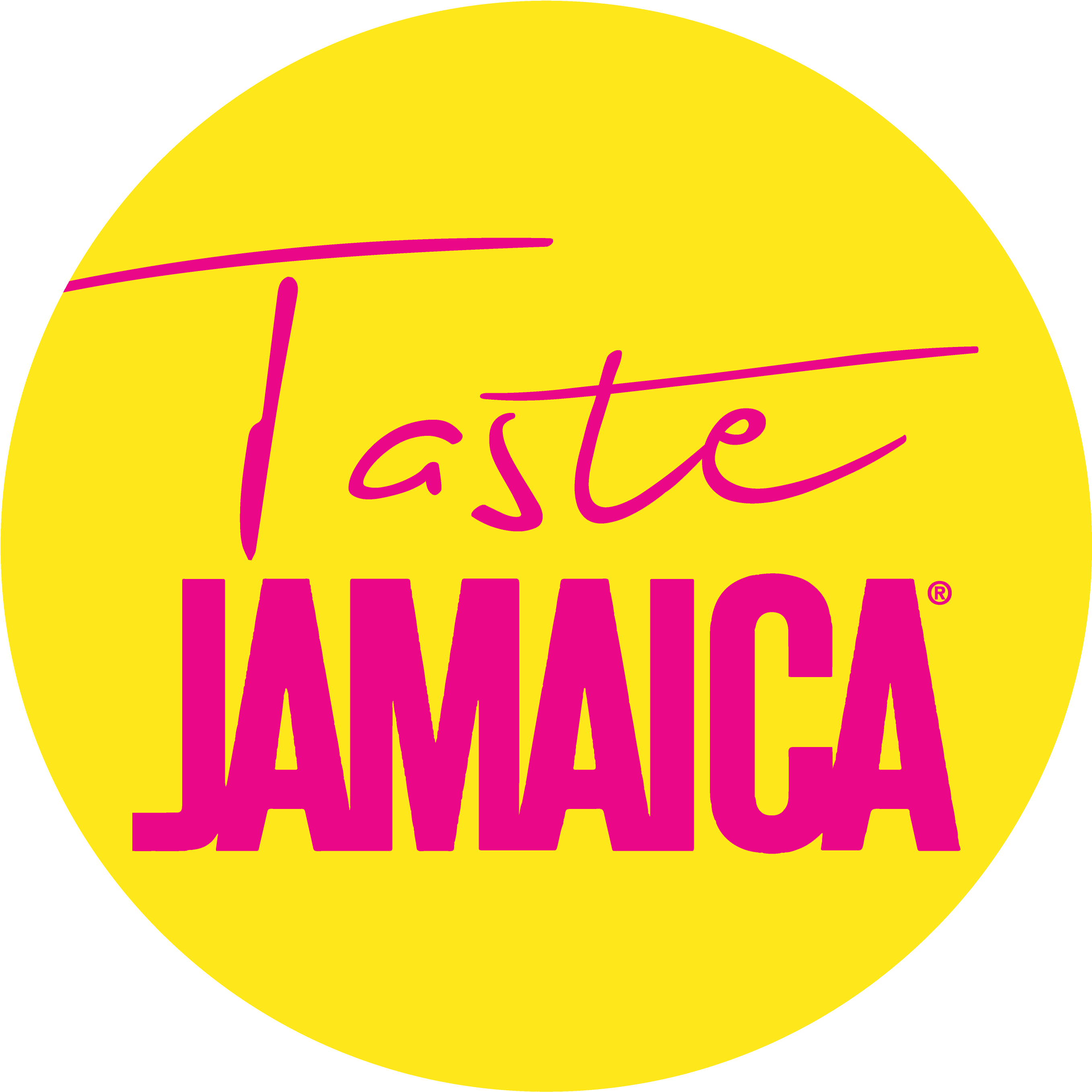 Jamaica 桌布 壁紙 — 一個大膽的黃色圓圈，上面有粉紅色草書「Taste」和方塊字「JAMAICA」，背景為黑色。