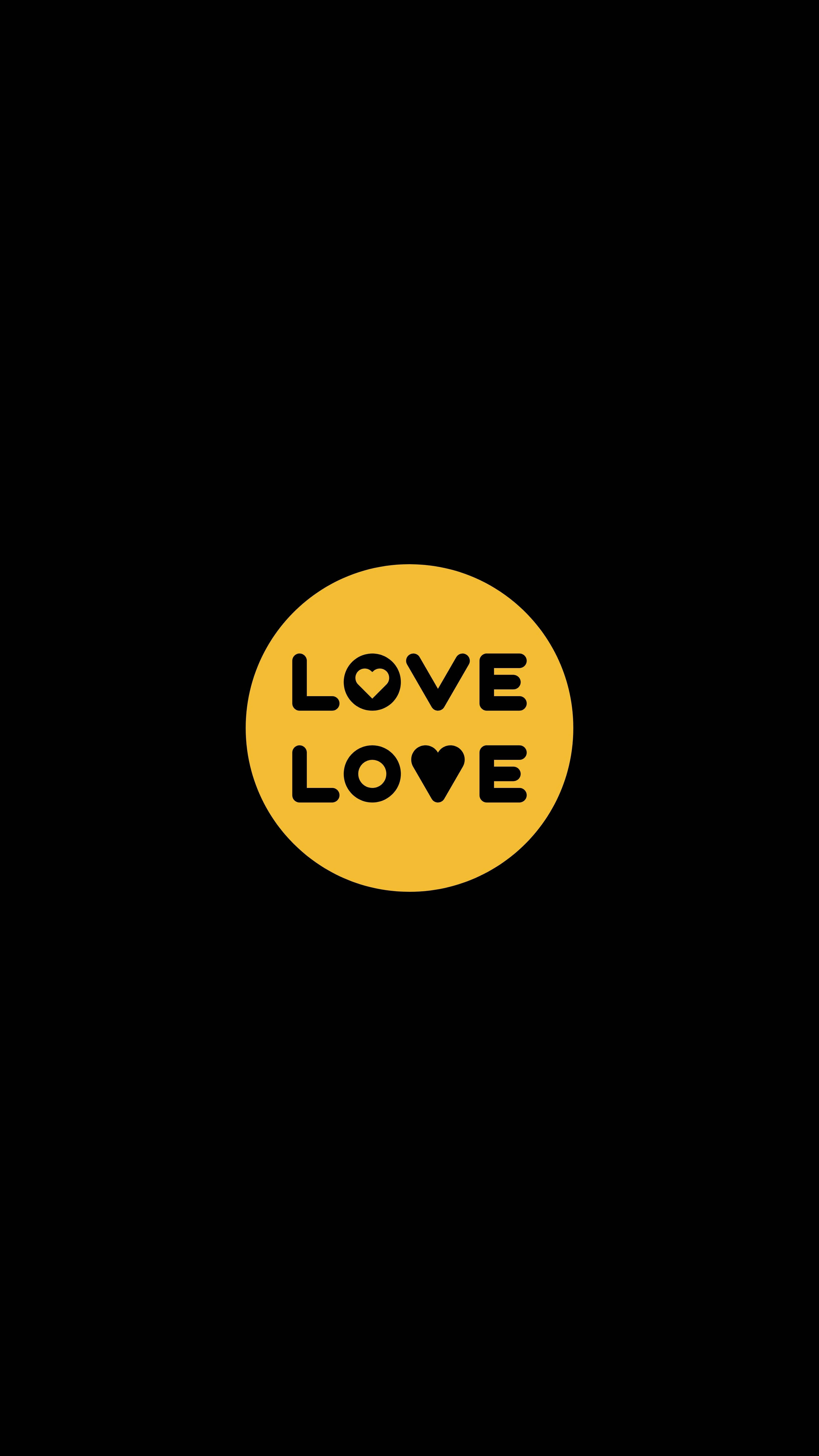 愛心 桌布 壁紙 — 一個大膽的黃色圓圈，黑色文字 LOVE 重複兩次，居中在純黑色背景上。