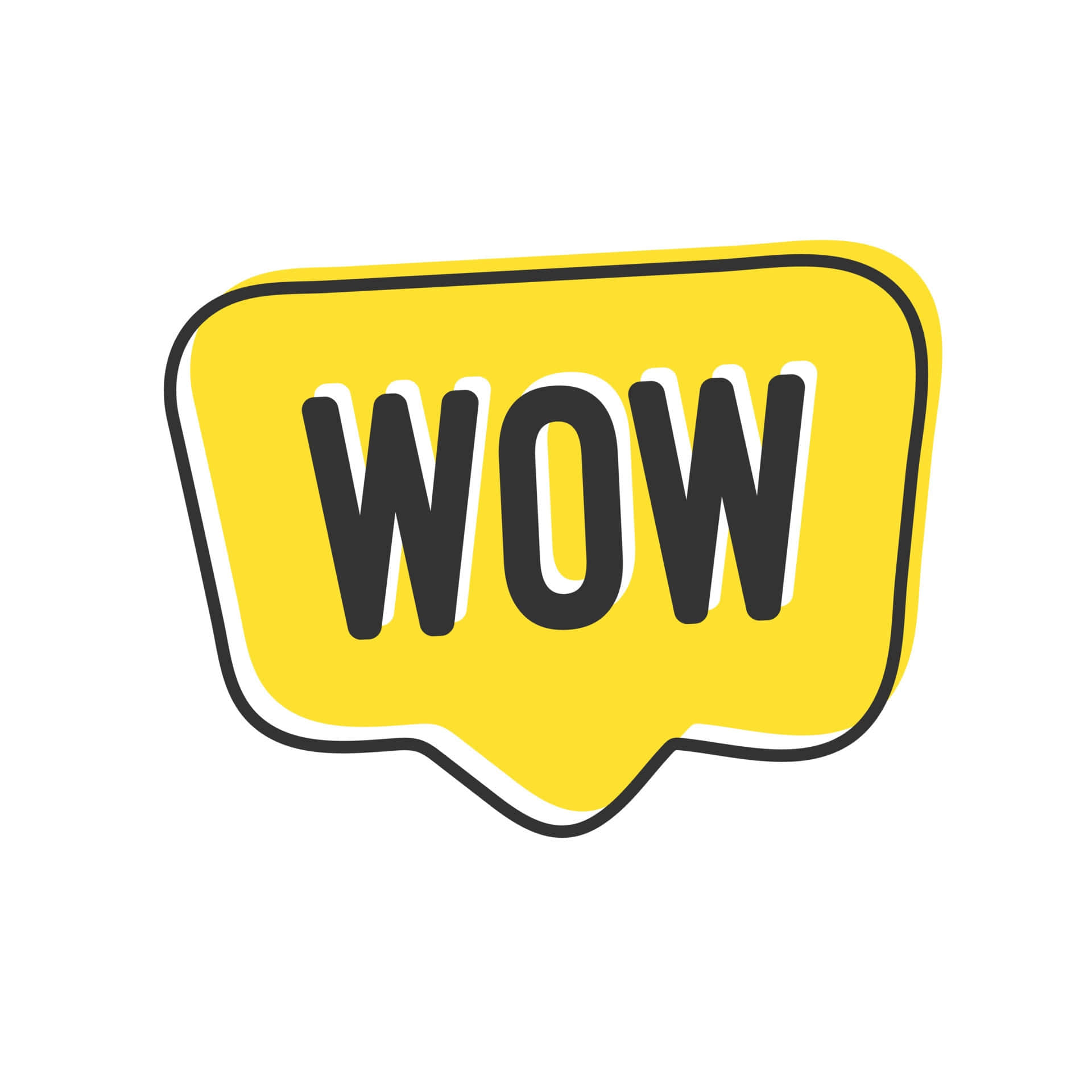 Wow 桌布 壁紙 — 一個大膽的黃色對話氣泡，帶有黑色輪廓的「WOW」文字，在純白色背景上脫穎而出。