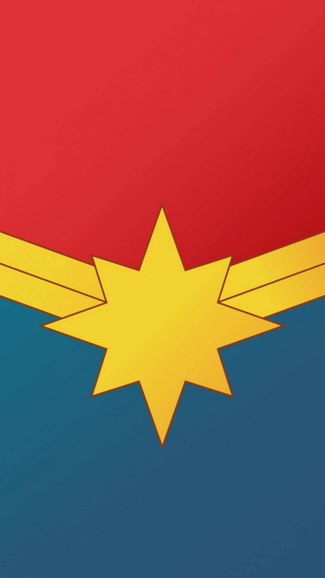 4K marvel iPhone 桌布 壁紙 — 一個大膽的黃色星星，帶有翼狀延伸，居中於紅藍分割的背景上。