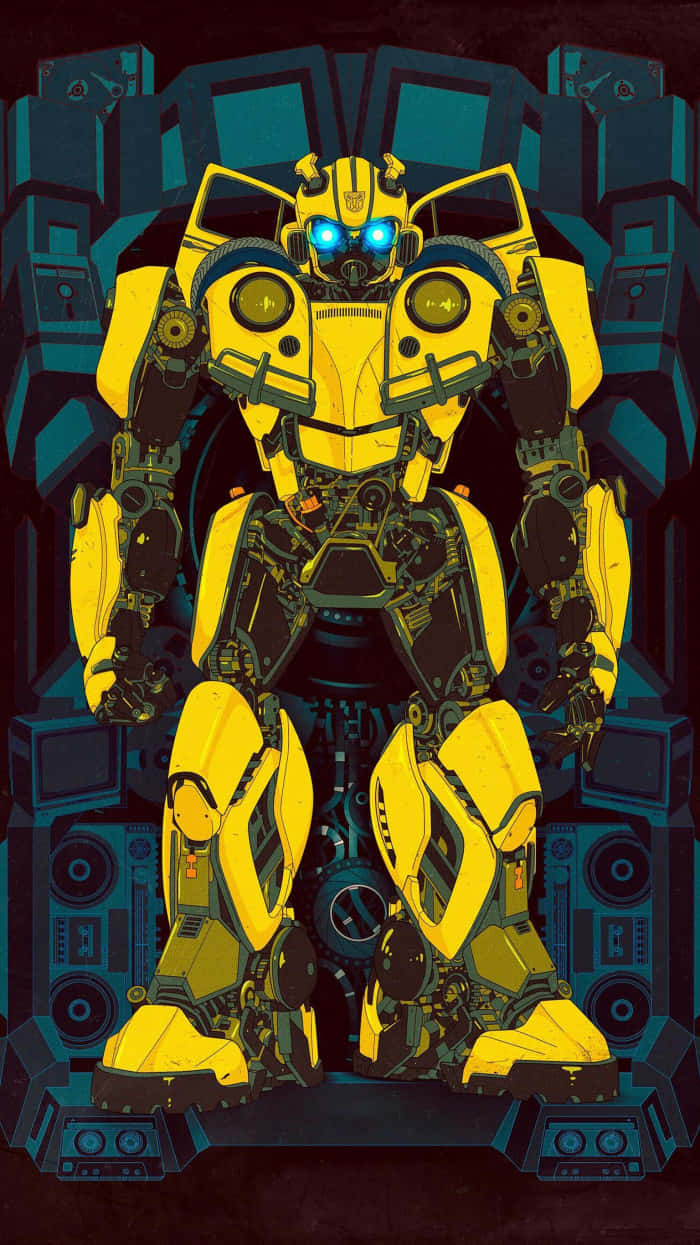 Bumblebee Transformer 桌布 壁紙 — 一個大膽的黃色機器人，擁有發光的藍色眼睛，在深藍色的機械背景前英勇地站立。
