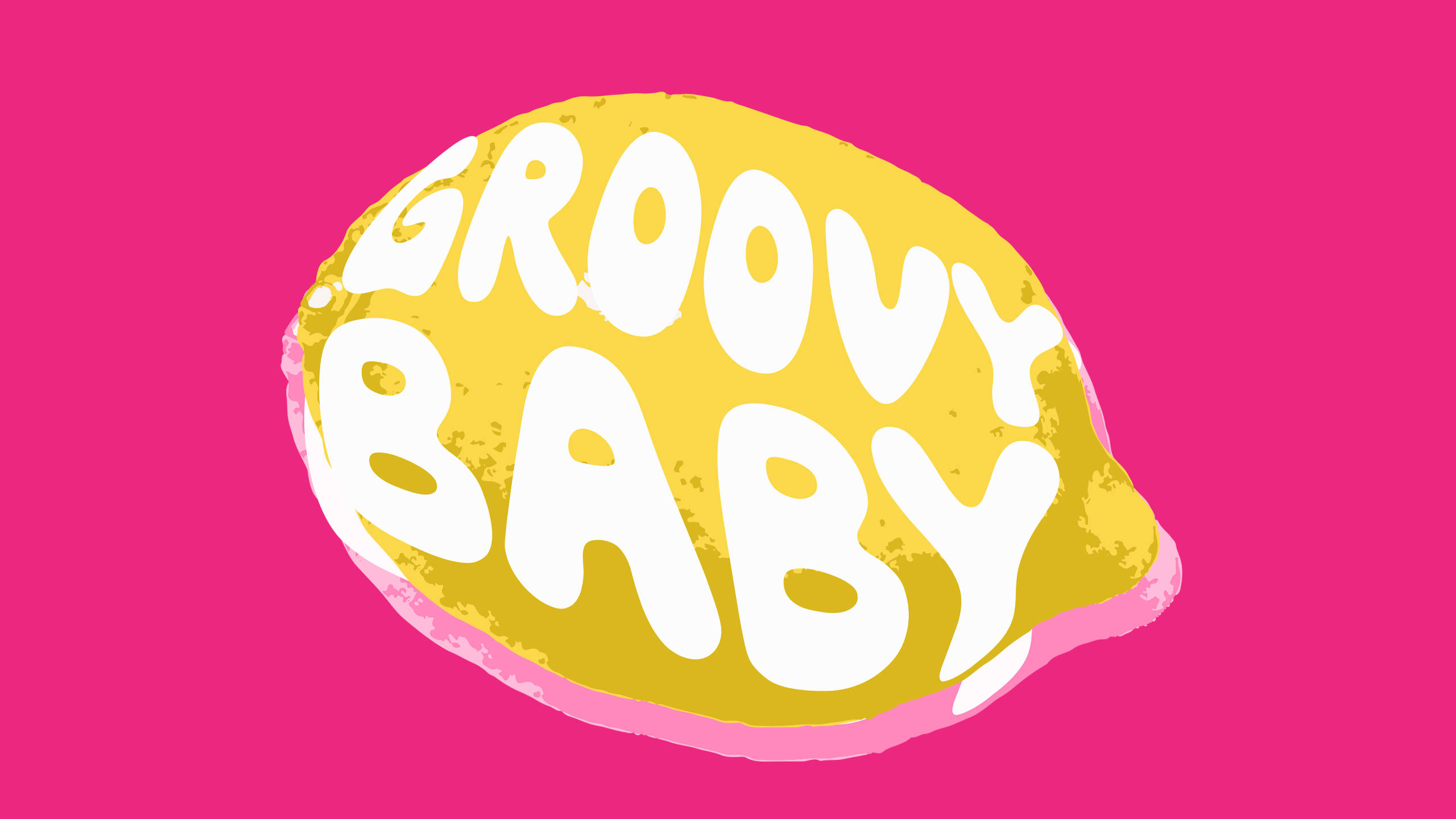 Disco 桌布 壁紙 — 一個大膽的黃色檸檬形圖案，帶有白色「GROOVY BABY」文字，在充滿活力的粉紅色背景上格外突出。