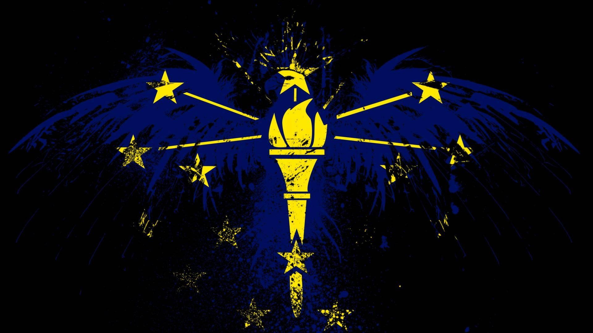 Indiana 桌布 壁紙 — 一個大膽的黃色火炬，帶有星星，在深藍色潑濺背景上發光。