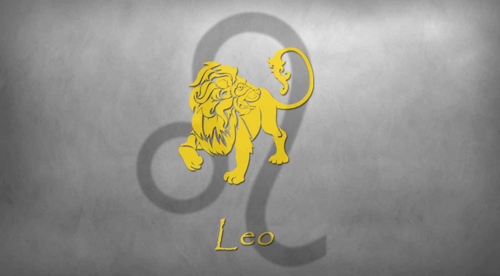 星座 桌布 壁紙 — 一個大膽的黃色獅子座標誌，帶有陰影和下方的「Leo」字樣，自豪地矗立在紋理灰色牆壁上。