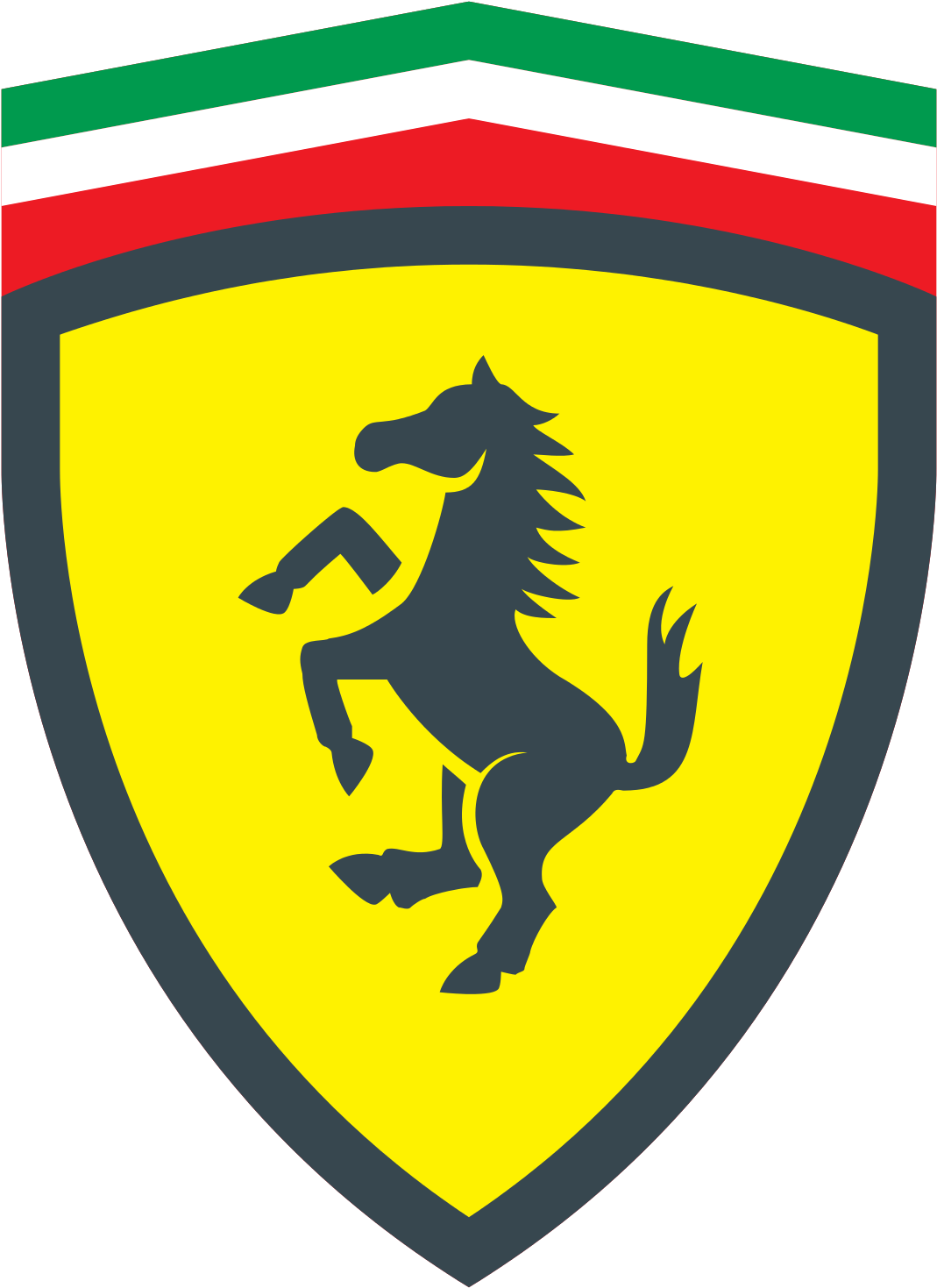Ferrari Logo 桌布 壁紙 — 一個大膽的黃色盾牌，上面有黑色躍馬剪影，以及綠色、白色、紅色條紋。