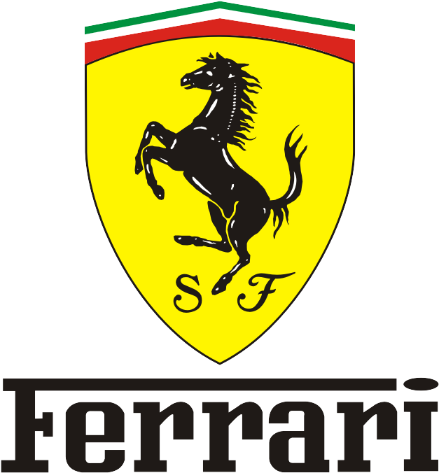 Car Logo 桌布 壁紙 — 一個大膽的黃色盾牌標誌，上面有黑色躍馬和SF縮寫，下方是義大利三色條紋。