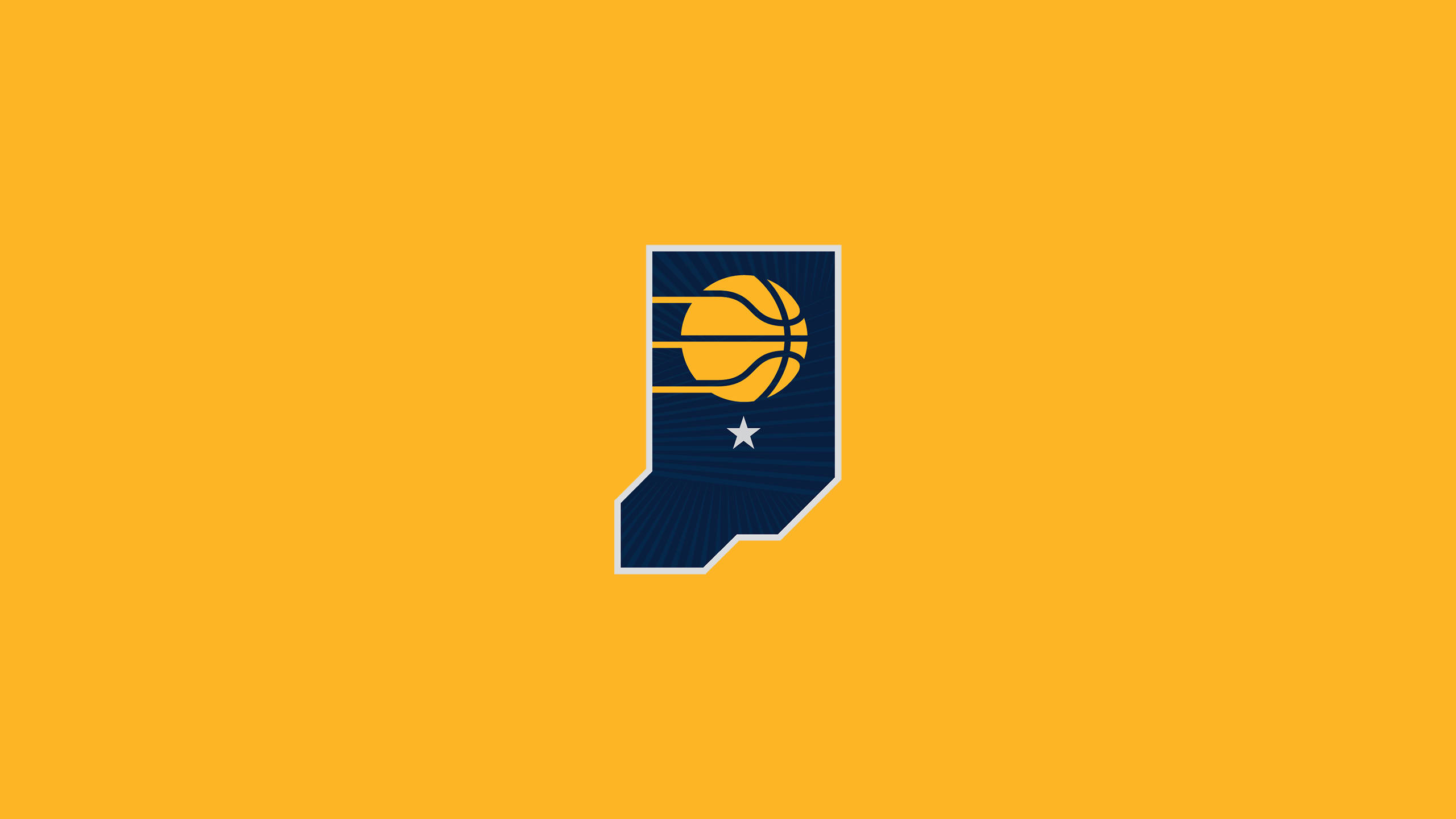 Pacers 桌布 壁紙 — 一個大膽的黃色籃球標誌，位於海軍藍的印第安納州輪廓內，白色星星在純黃色背景上。