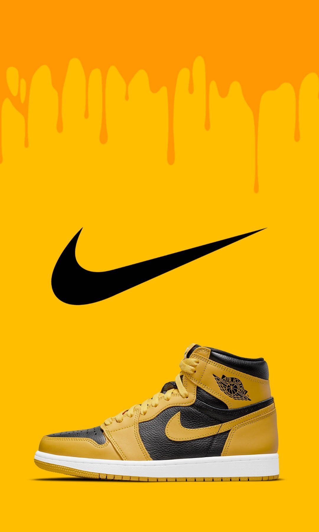 Nike 桌布 壁紙 — 一個大膽的黃色背景上滴落著顏料，上面有一個黑色的Nike swoosh和一雙金色和黑色的Jordan 1運動鞋。