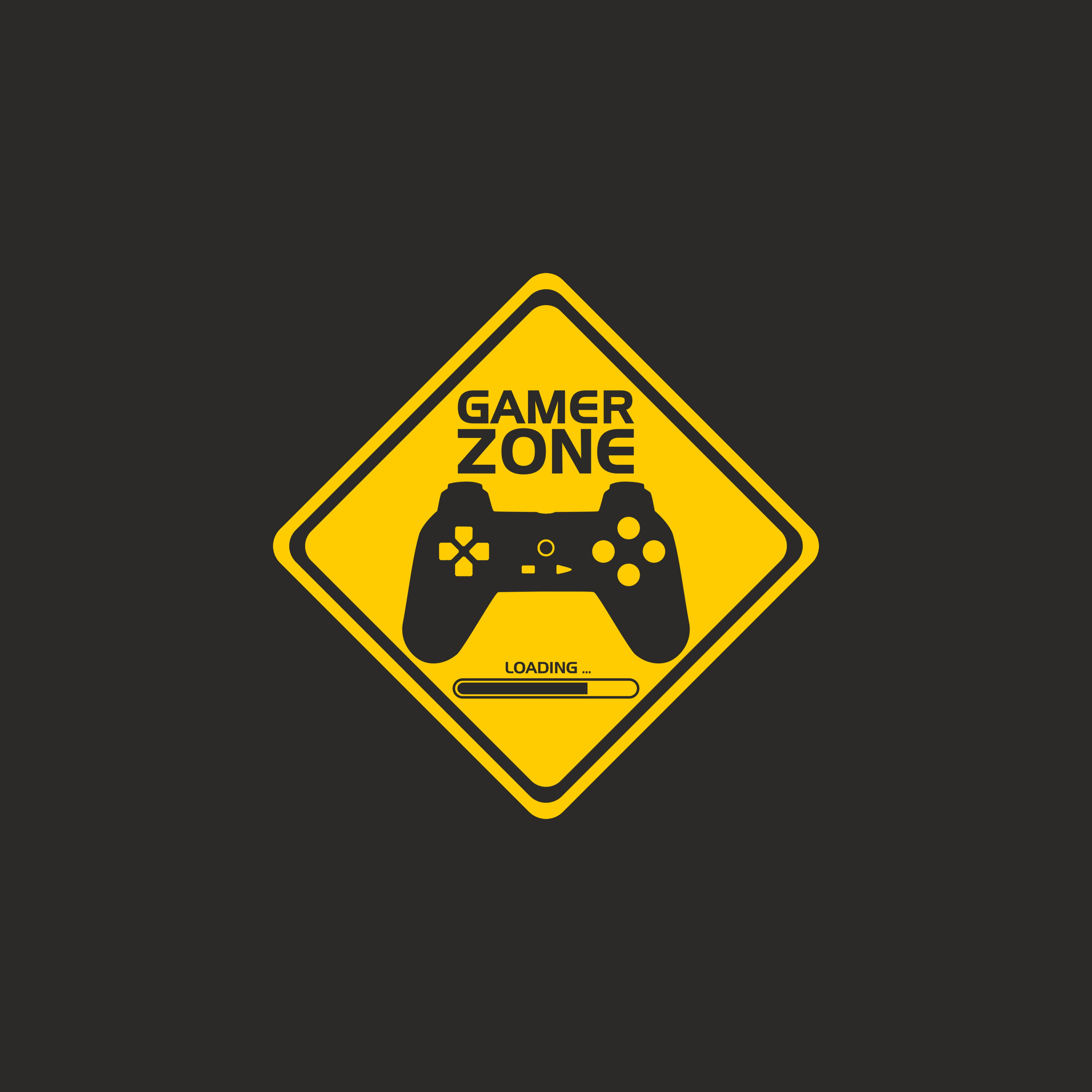 遊戲 桌布 壁紙 — 一個大膽的黃色菱形標誌，上面有黑色文字寫著「GAMER ZONE」，下方有一個帶有載入條的控制器圖示。