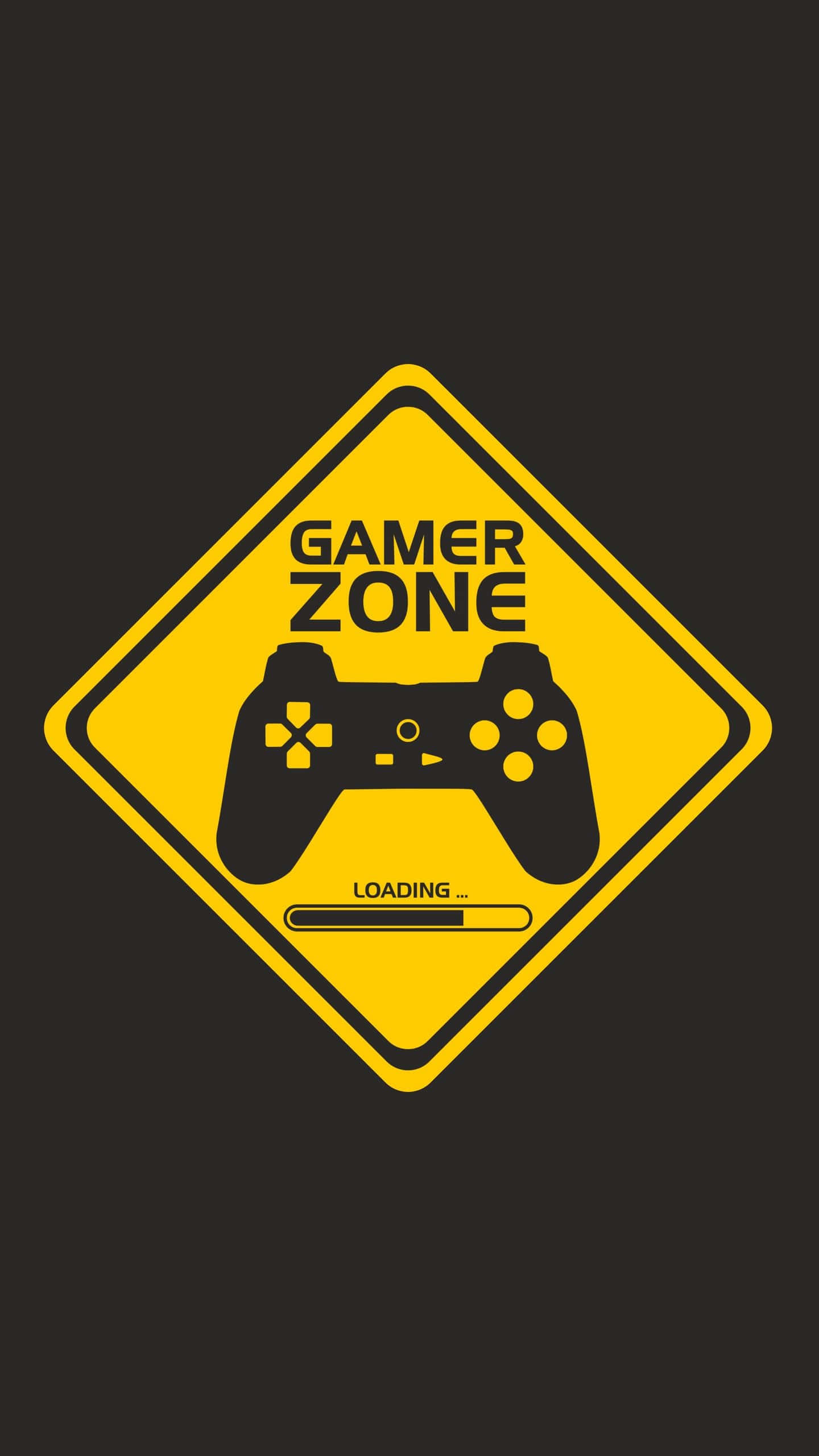 玩家 桌布 壁紙 — 一個大膽的黃色菱形道路標誌宣告「Gamer Zone」，在深色背景上有一個黑色遊戲控制器和載入條。