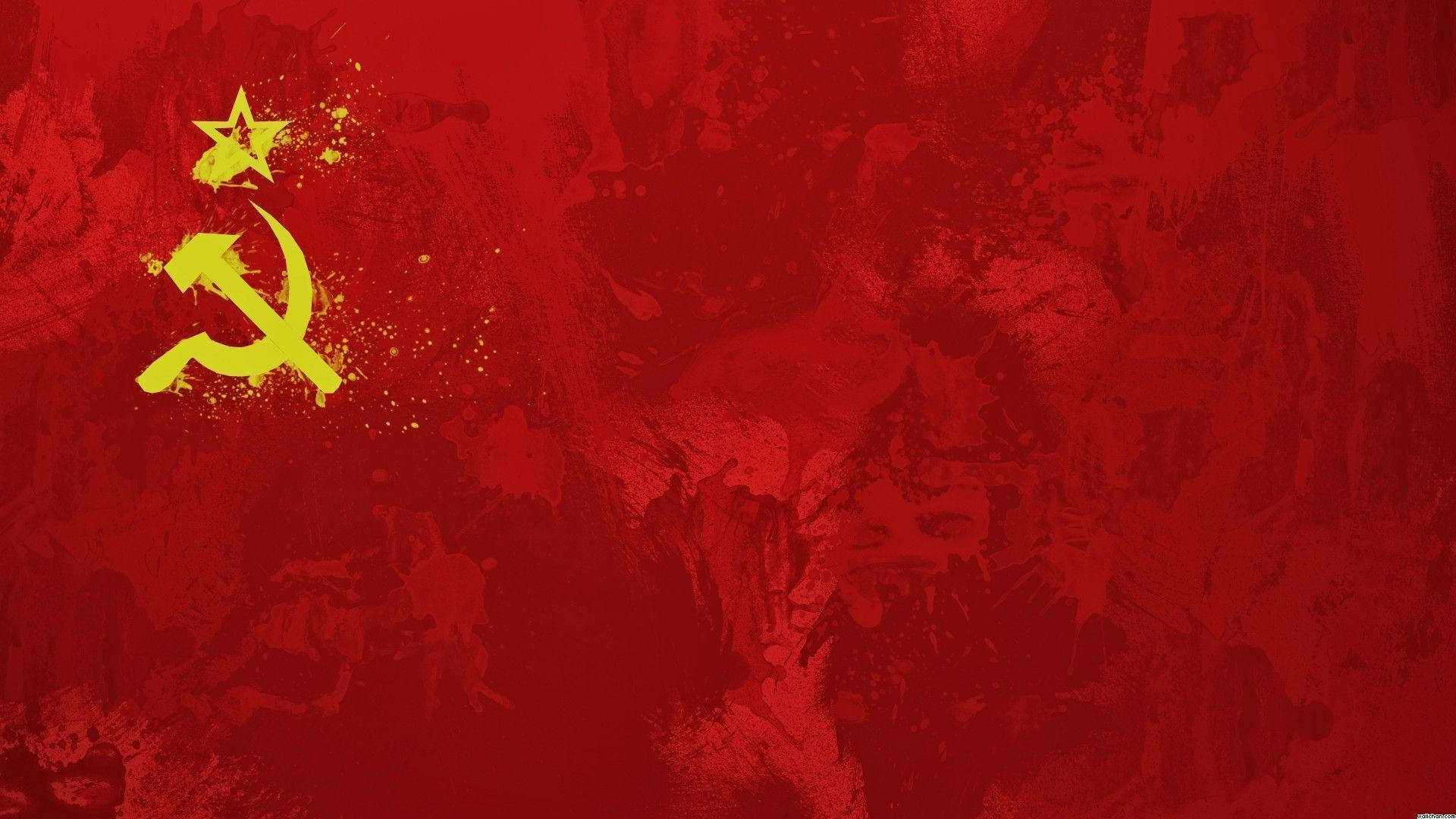 Union 桌布 壁紙 — 一個大膽的黃色錘子鐮刀和星星標誌在紋理深紅色垃圾搖滾背景上飛濺。