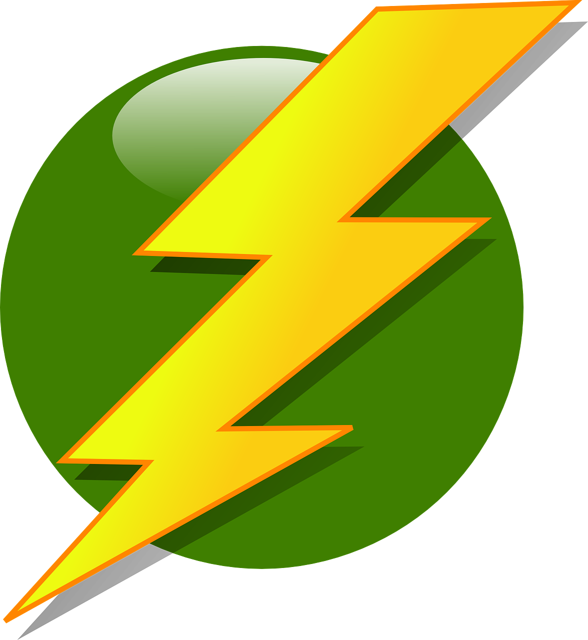 Yellow Lightning 桌布 壁紙 — 一個大膽的黃色閃電，帶有橙色輪廓，斜向穿過一個光澤的綠色圓圈，背景為黑色。