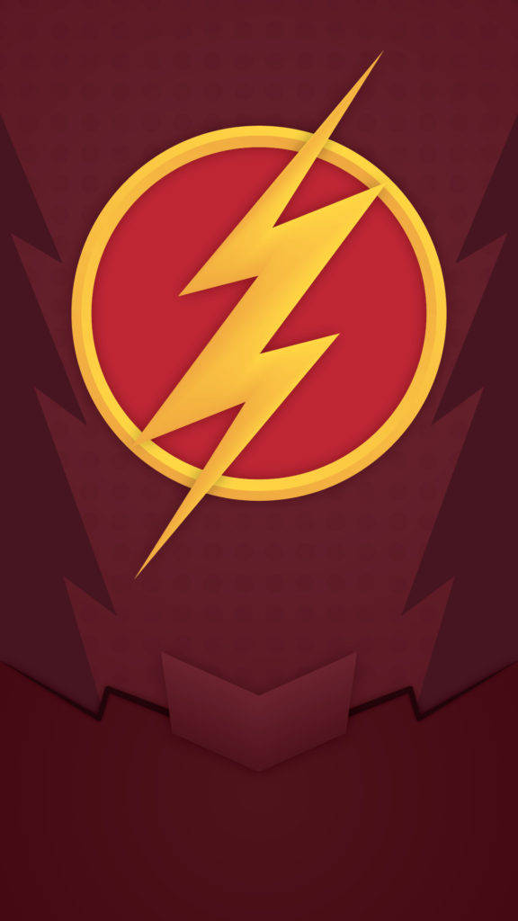 the flash iPhone 桌布 壁紙 — 一個大膽的黃色閃電標誌，位於紅色圓圈中心，背景為深栗色超級英雄服裝。