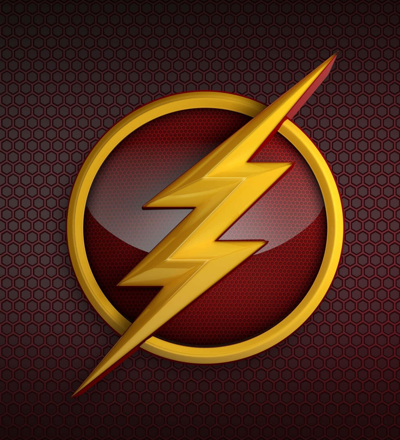 Lightning Bolt iPhone 桌布 壁紙 — 一個大膽的黃色閃電標誌，位於金色圓環內，背景為深紅色六角形紋理背景。