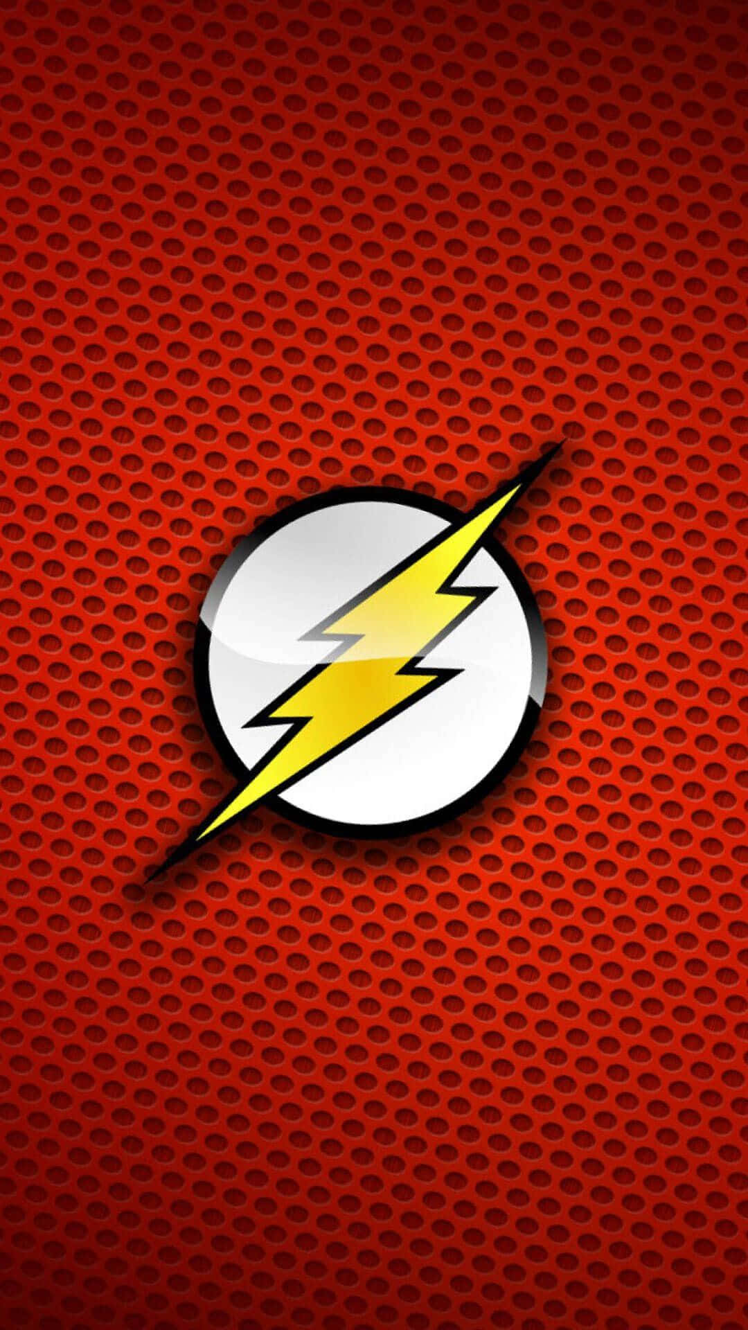 Flash 桌布 壁紙 — 一個大膽的黃色閃電標誌，居中在紅色穿孔金屬背景上。