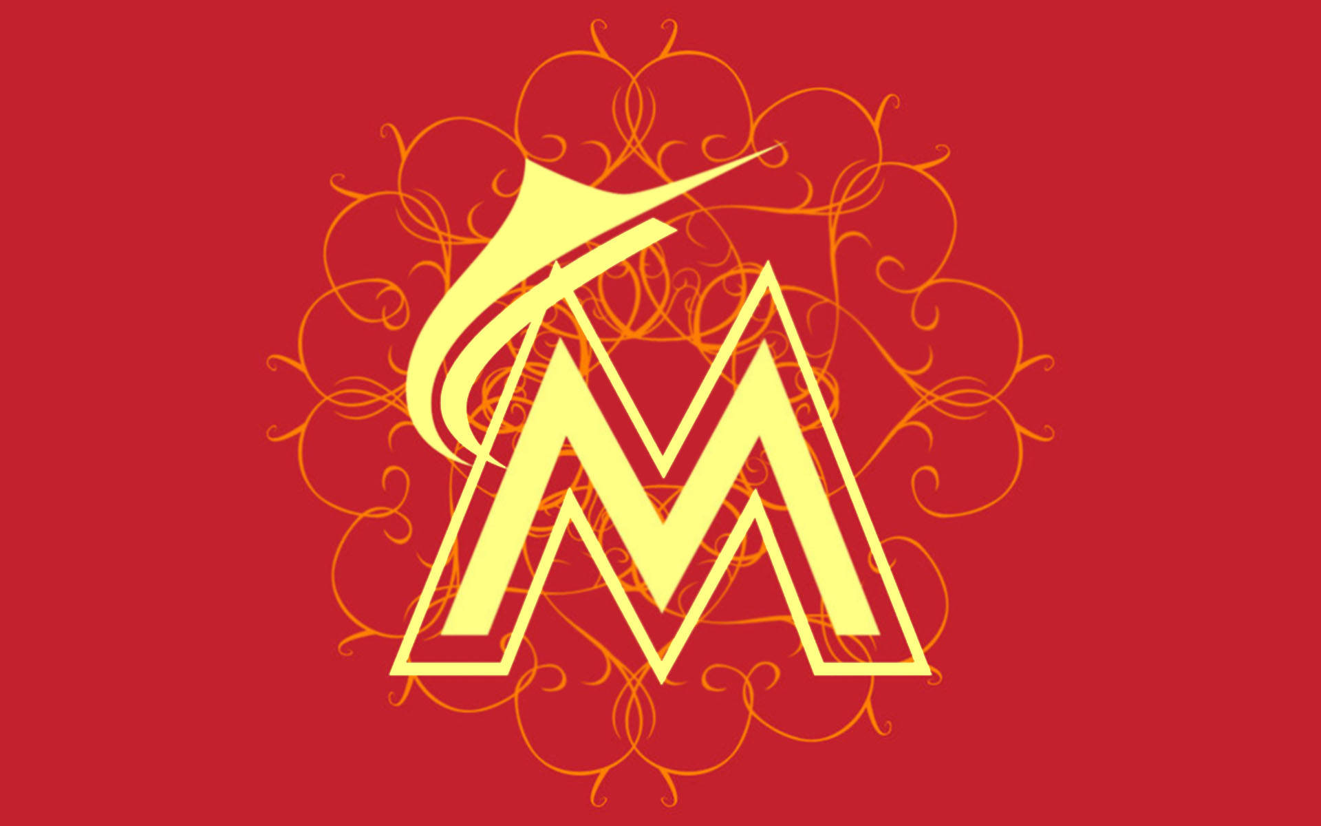 Marlins 桌布 壁紙 — 一個大膽的黃色風格化M，帶有橙色漩渦，置於純紅色背景上。