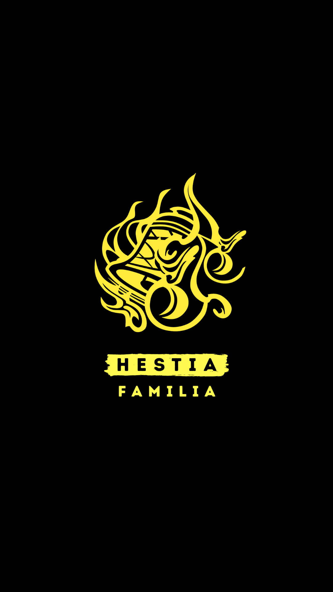 Family 桌布 壁紙 — 一個大膽的黃色風格化標誌，帶有旋轉的火焰狀圖案，文字 HESTIA FAMILIA 居中在黑色背景上。