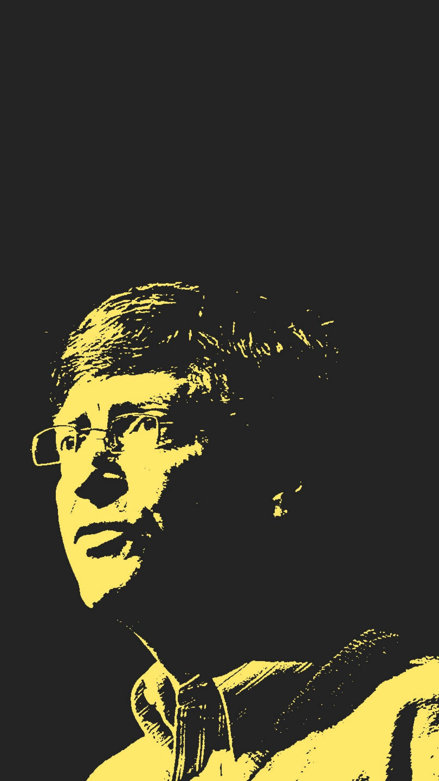 gates 桌布 壁紙 — 一個大膽的黃色風格化肖像，描繪一位戴眼鏡的男子，背景為純黑色。