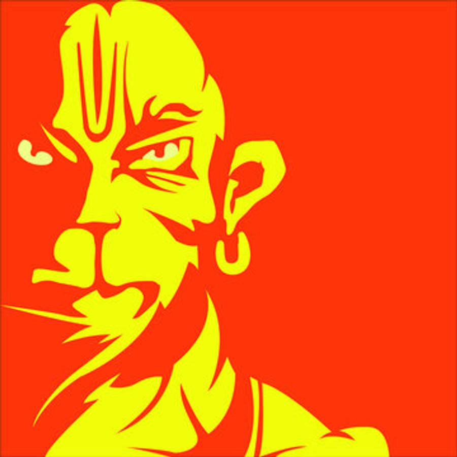 angry hanuman 桌布 壁紙 — 一個大膽的黃色風格化面孔，帶有強烈的眼睛和耳環，背景是火紅色的。