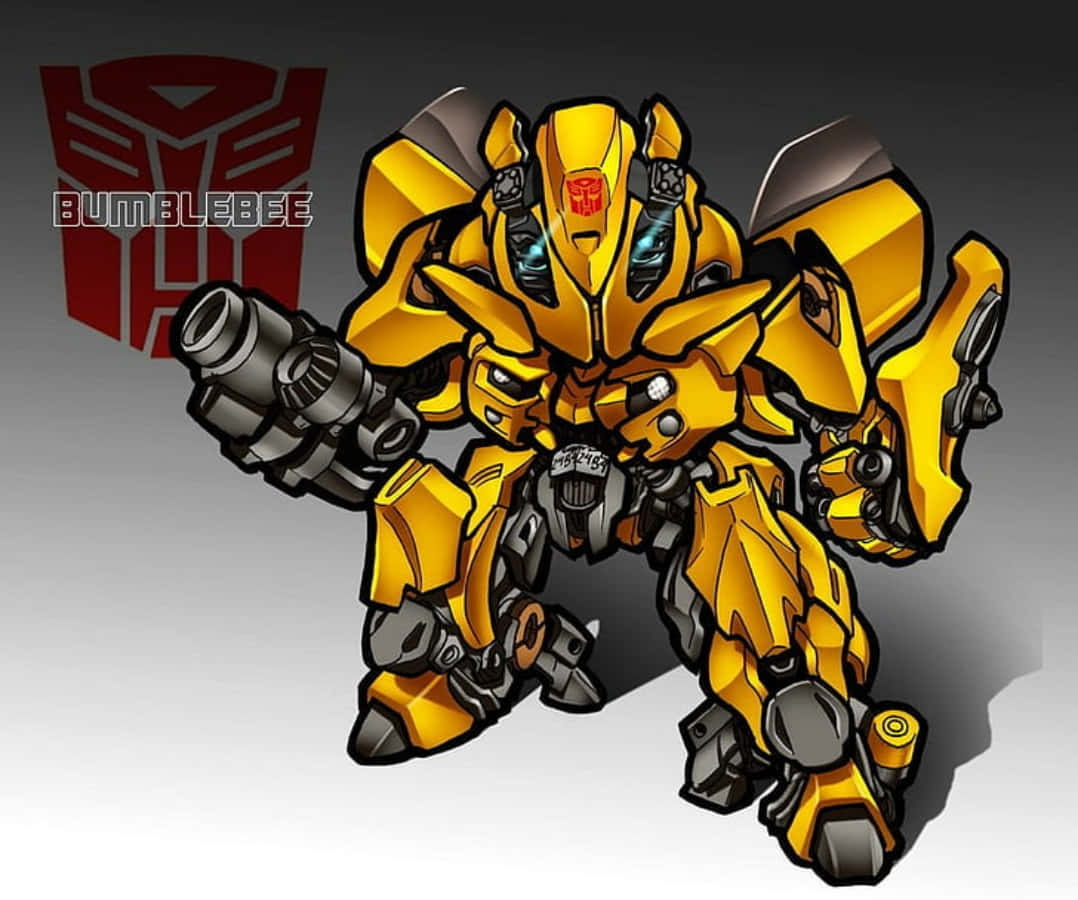 Bumblebee 桌布 壁紙 — 一個大膽的黃黑機器人戰士以動態姿勢站立，手持大砲，身後有紅色博派標誌。