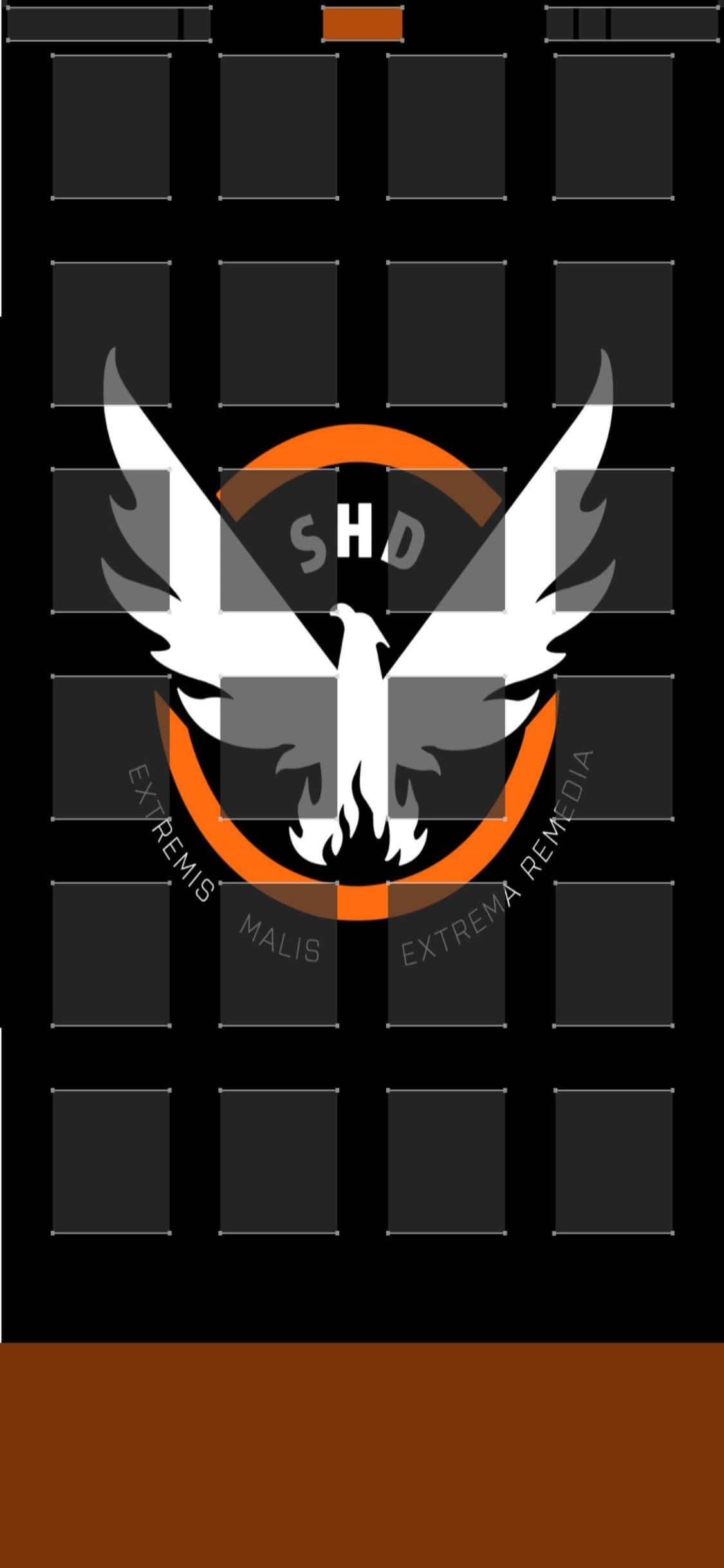 電玩遊戲 桌布 壁紙 — 一個大膽的黑橙標誌，帶有白色有翼鳳凰和火焰，字母SHD被拉丁文字環繞。