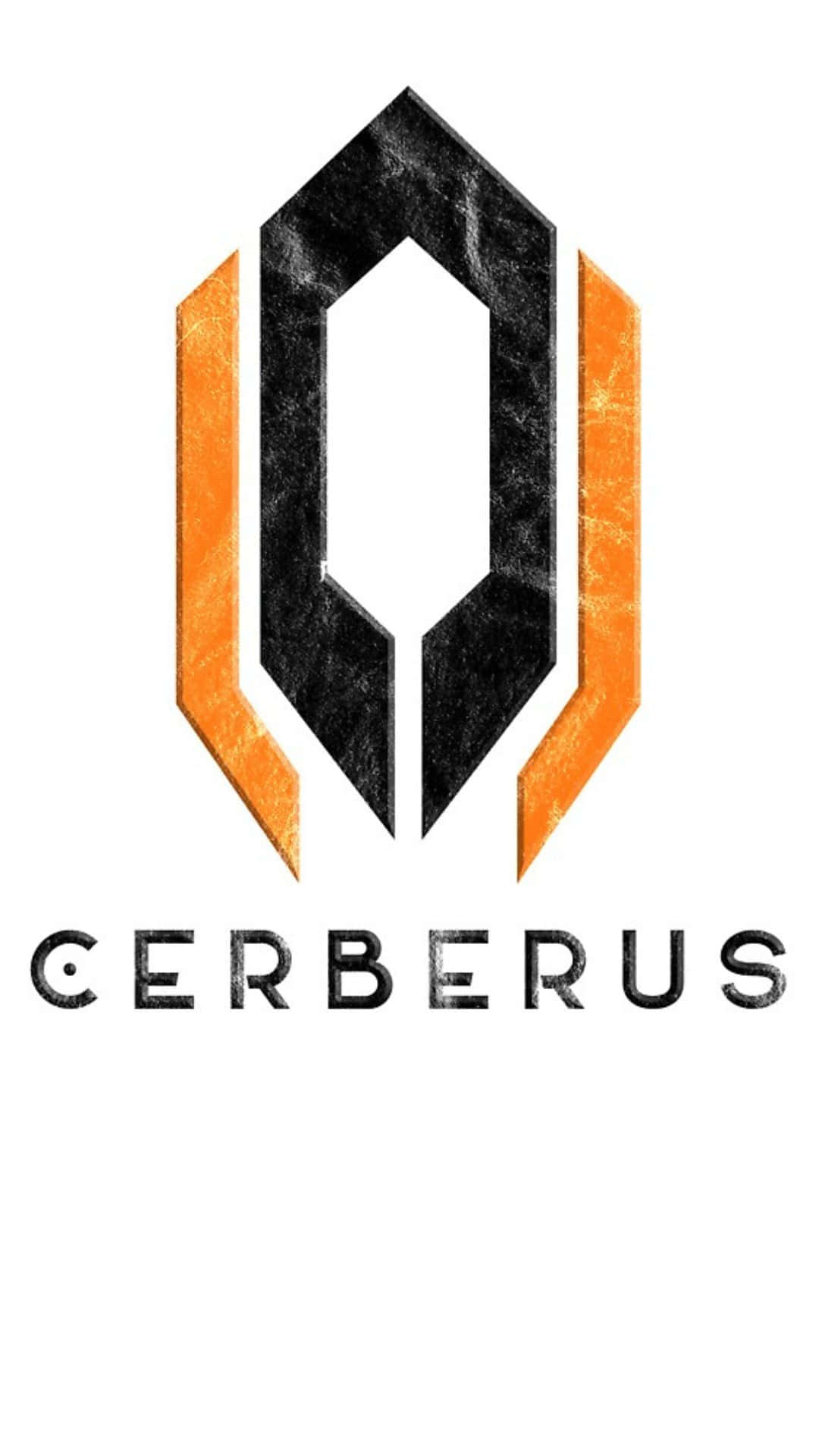 Mass Effect Cerberus 桌布 壁紙 — 一個大膽的黑橙配色刻耳柏洛斯標誌，帶有紋理金屬飾面和磨損字體，背景為白色。
