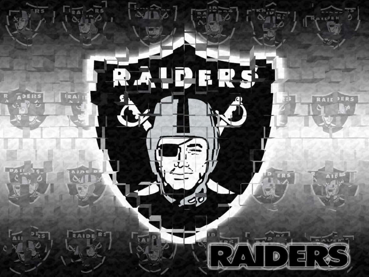 Raiders 足球隊黑白標誌，帶有碎片馬賽克背景。 — 突襲者 GIF 壁紙