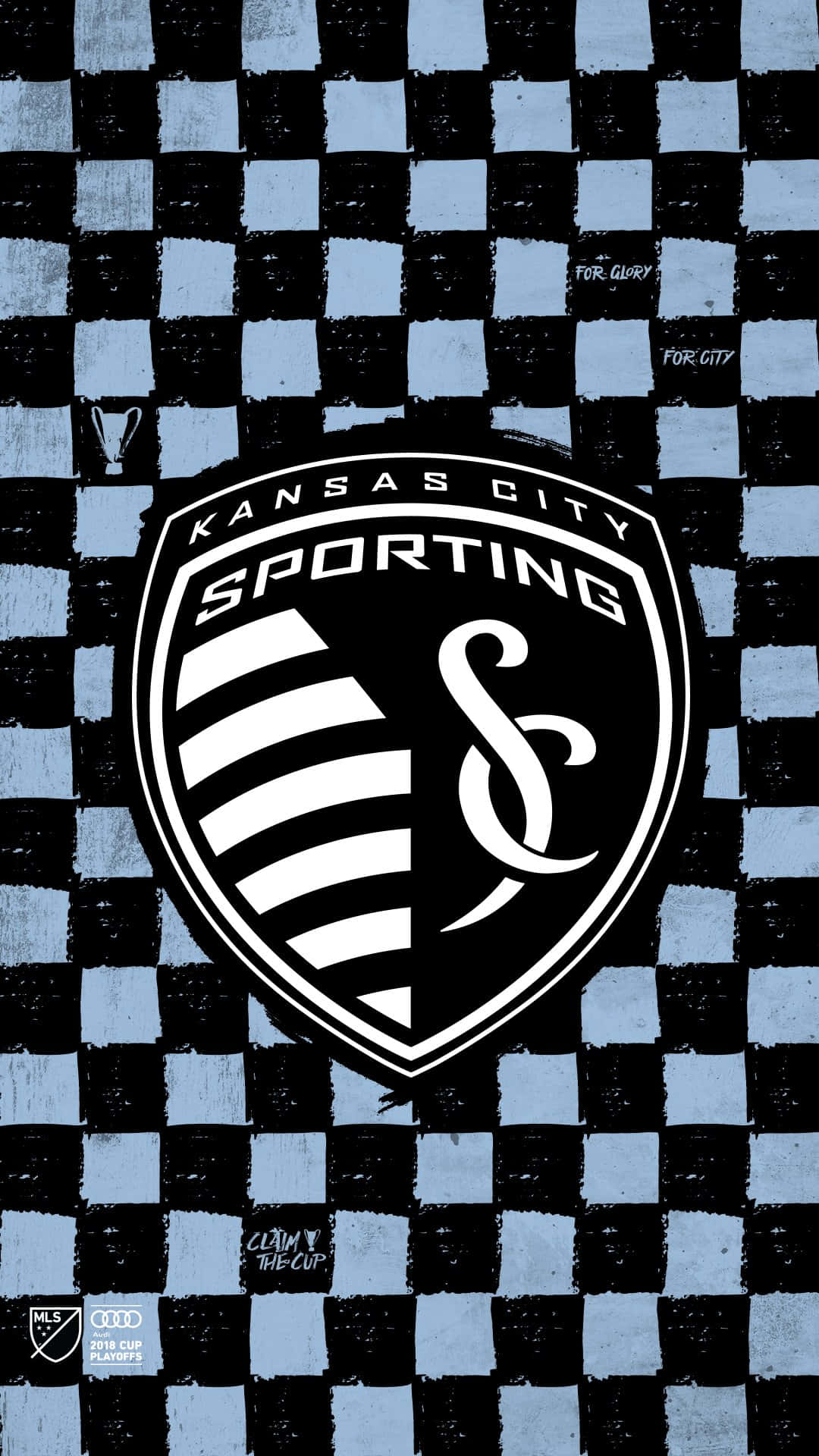 標誌 桌布 壁紙 — 一個大膽的黑白 Sporting Kansas City 足球隊標誌，居中放置在帶有紋理的棋盤背景上，並帶有微妙的獎盃和文字點綴。