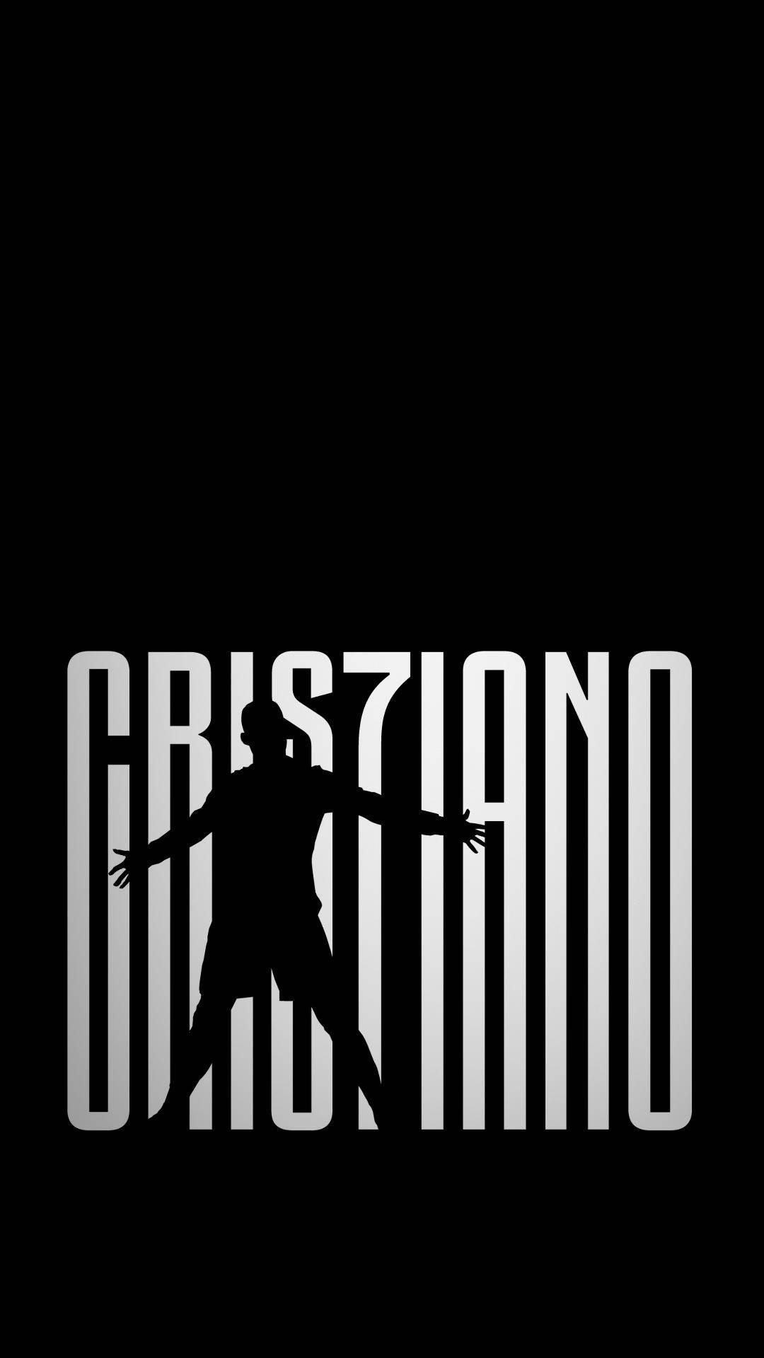 Ronaldo 桌布 壁紙 — 一個大膽的黑白剪影，一名足球運動員在純黑色背景上，雙臂伸展在他名字的字樣內。