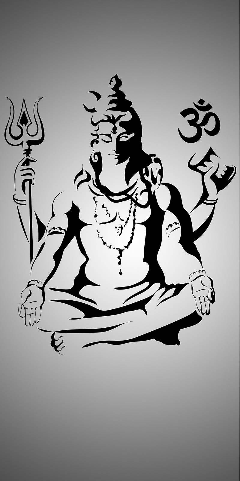 god mobile 桌布 壁紙 — 一個大膽的黑白剪影，描繪濕婆神手持三叉戟和唵符號，在漸變灰色背景上冥想。