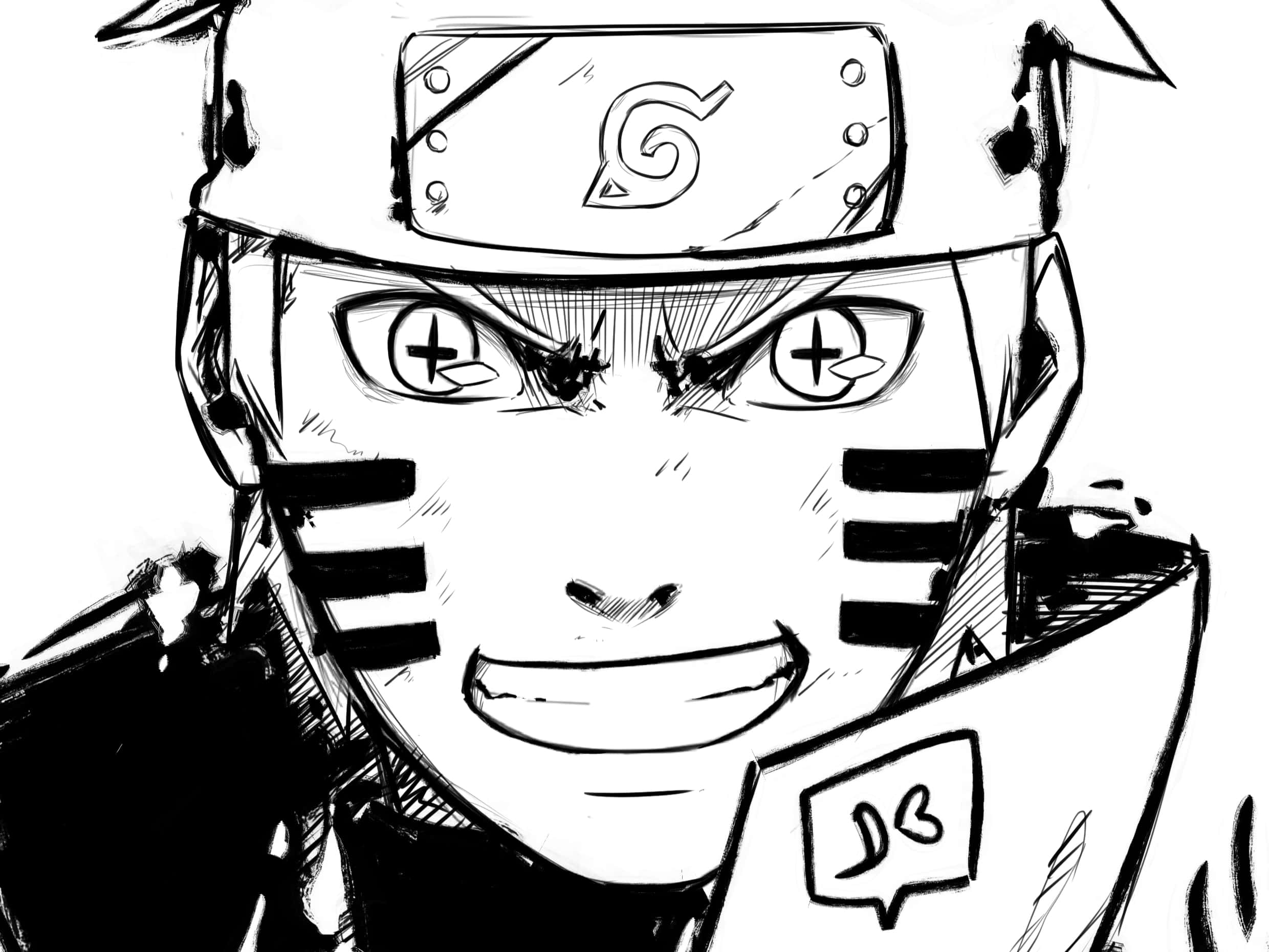 Naruto Black And White 桌布 壁紙 — 一個大膽的黑白動漫素描，描繪一個堅定的忍者，戴著頭帶和鬍鬚標記，兇狠地咧嘴笑。