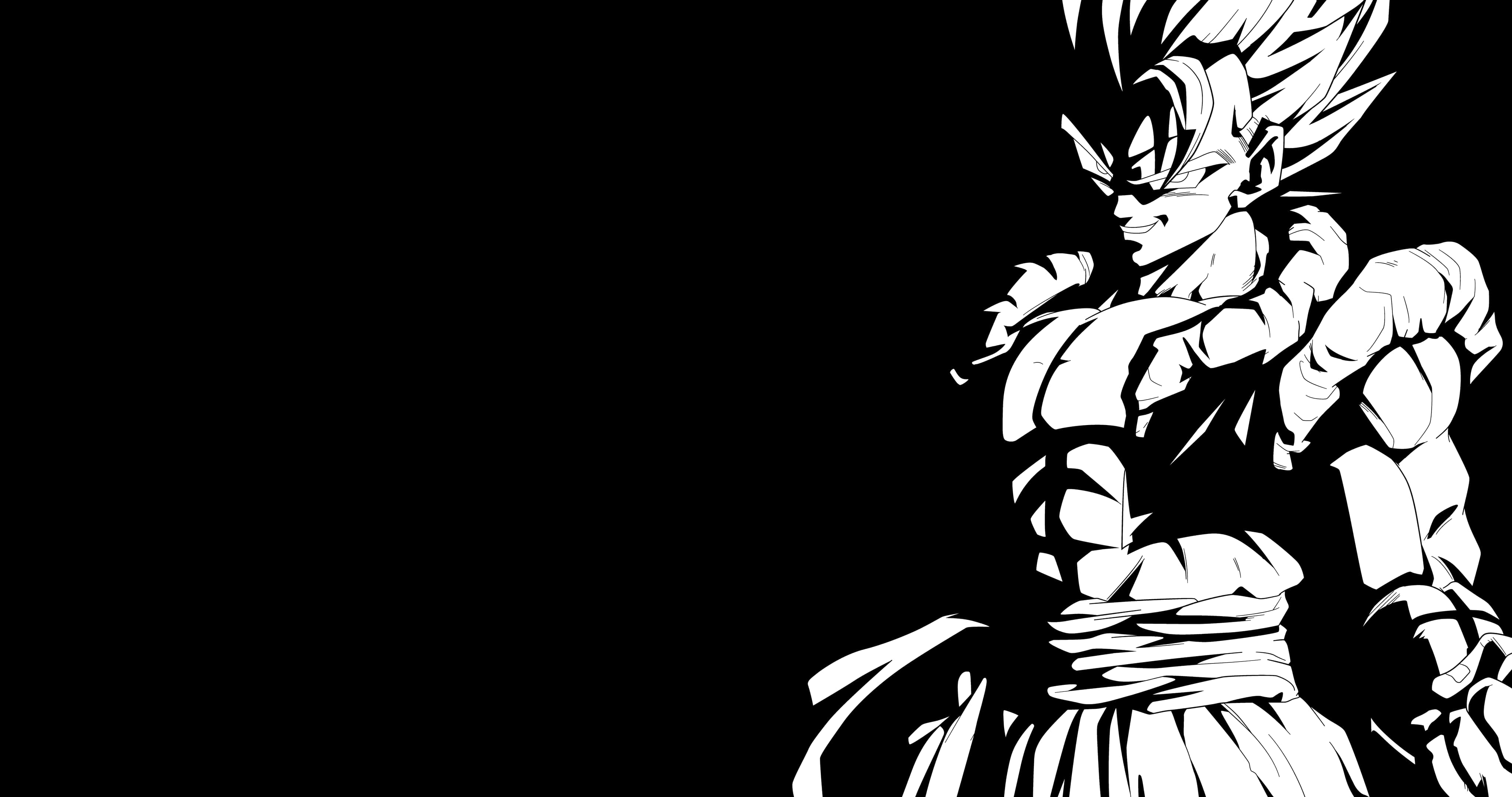 Vegeta Black And White 桌布 壁紙 — 一個大膽的黑白動漫角色，擁有尖刺頭髮和肌肉發達的身材，在黑暗背景下擺出強而有力的姿勢。