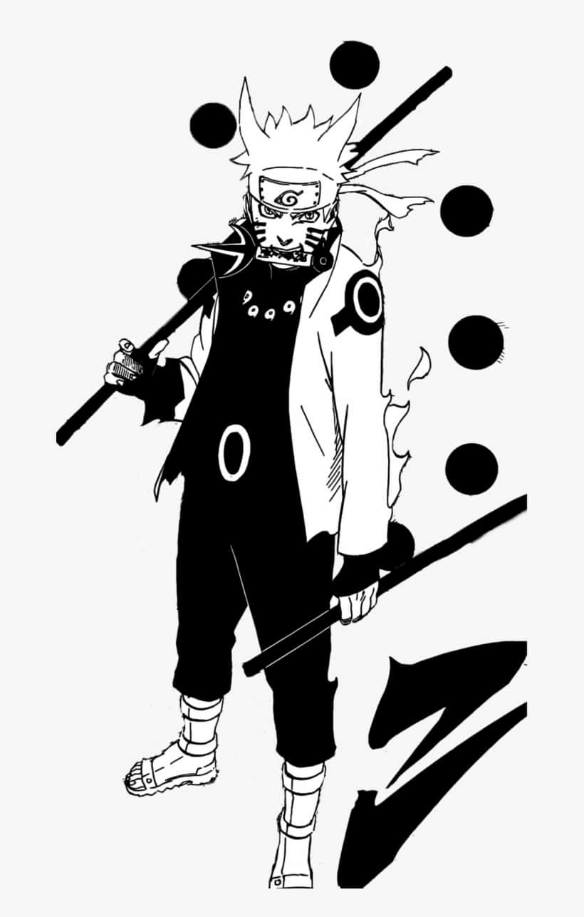 Naruto Manga 桌布 壁紙 — 一個大膽的黑白動漫角色，擁有尖刺頭髮和面具，揮舞著兩把苦無，周圍環繞著漂浮的球體。