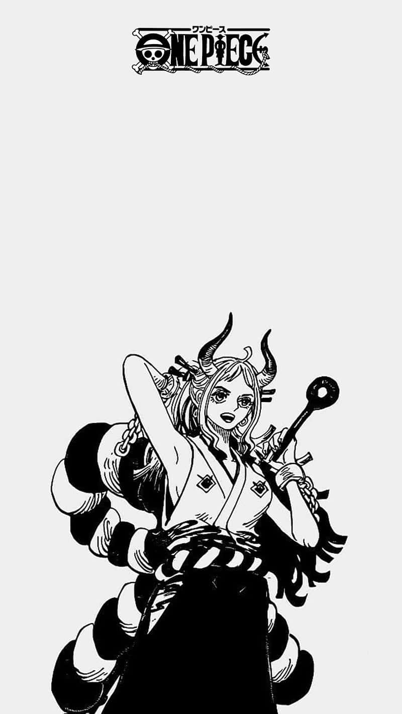 One Piece Black And White 桌布 壁紙 — 一個大膽的黑白動漫角色，頭上有角，手持法杖，自信地站在純色背景前。