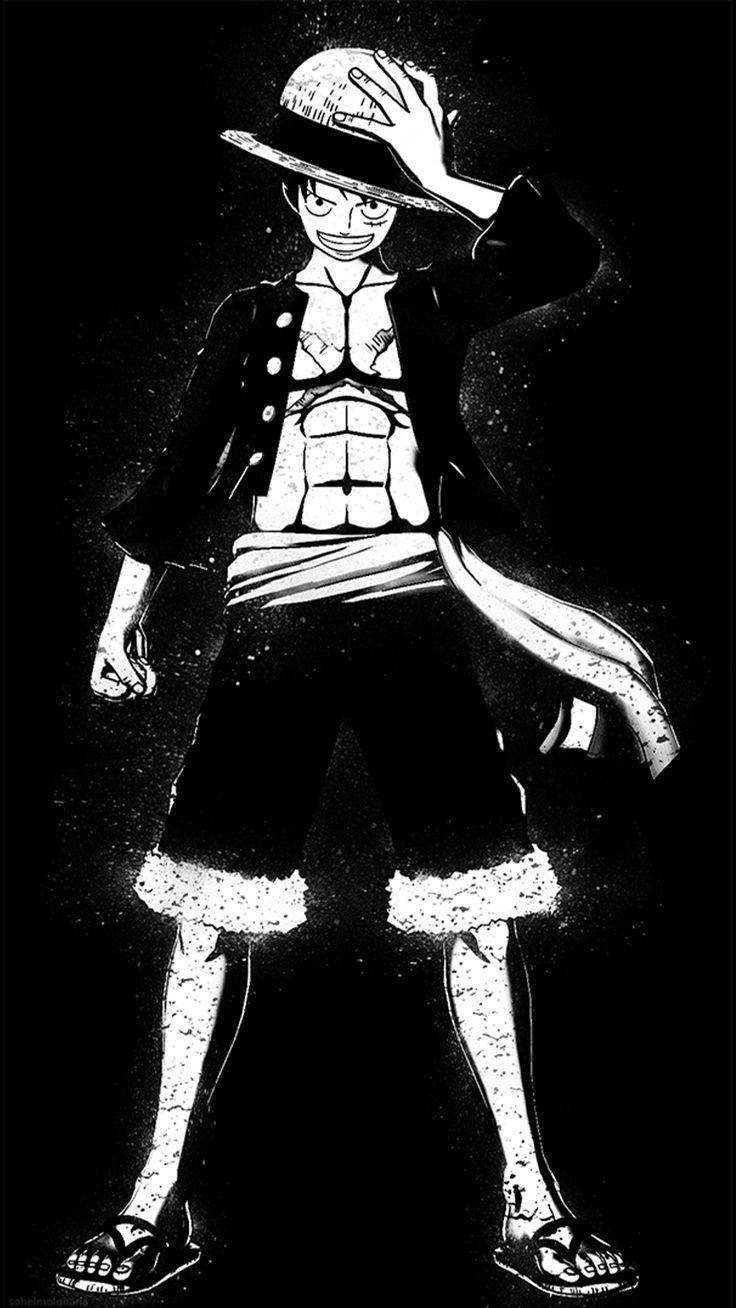 Luffy 桌布 壁紙 — 一個大膽的黑白動漫角色在星空虛無背景前自信地敬禮。