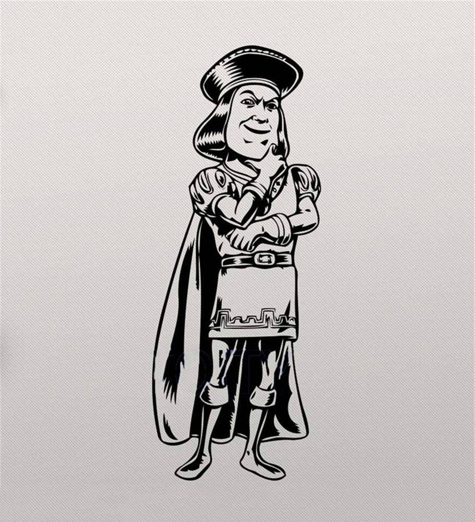 Lord Farquaad 桌布 壁紙 — 一個大膽的黑白卡通插圖，描繪一位微笑的中世紀騎士身穿全套盔甲，自信地交叉雙臂站立。