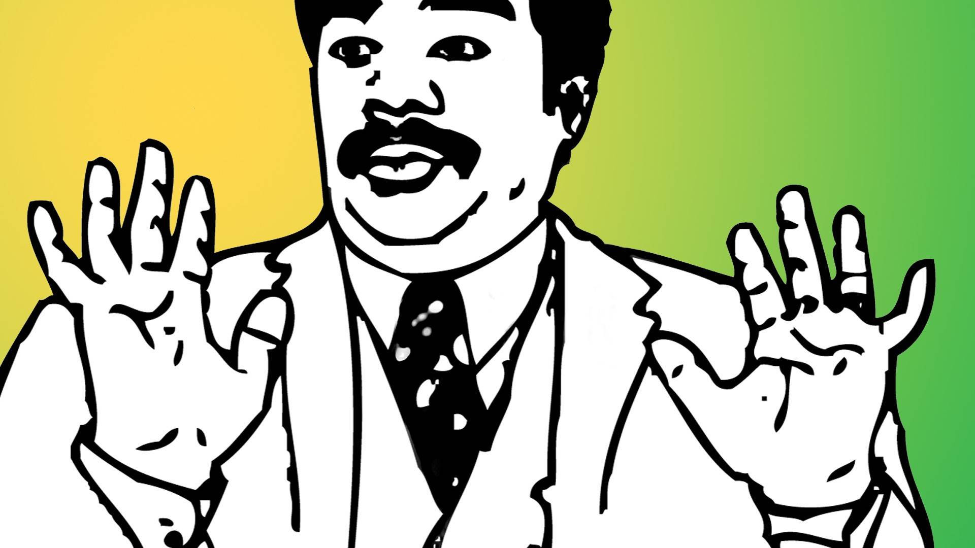 meme 桌布 壁紙 — 一個大膽的黑白卡通西裝男，在充滿活力的黃色到綠色漸變背景前，雙手舉起做出歡迎手勢，露出燦爛的笑容。