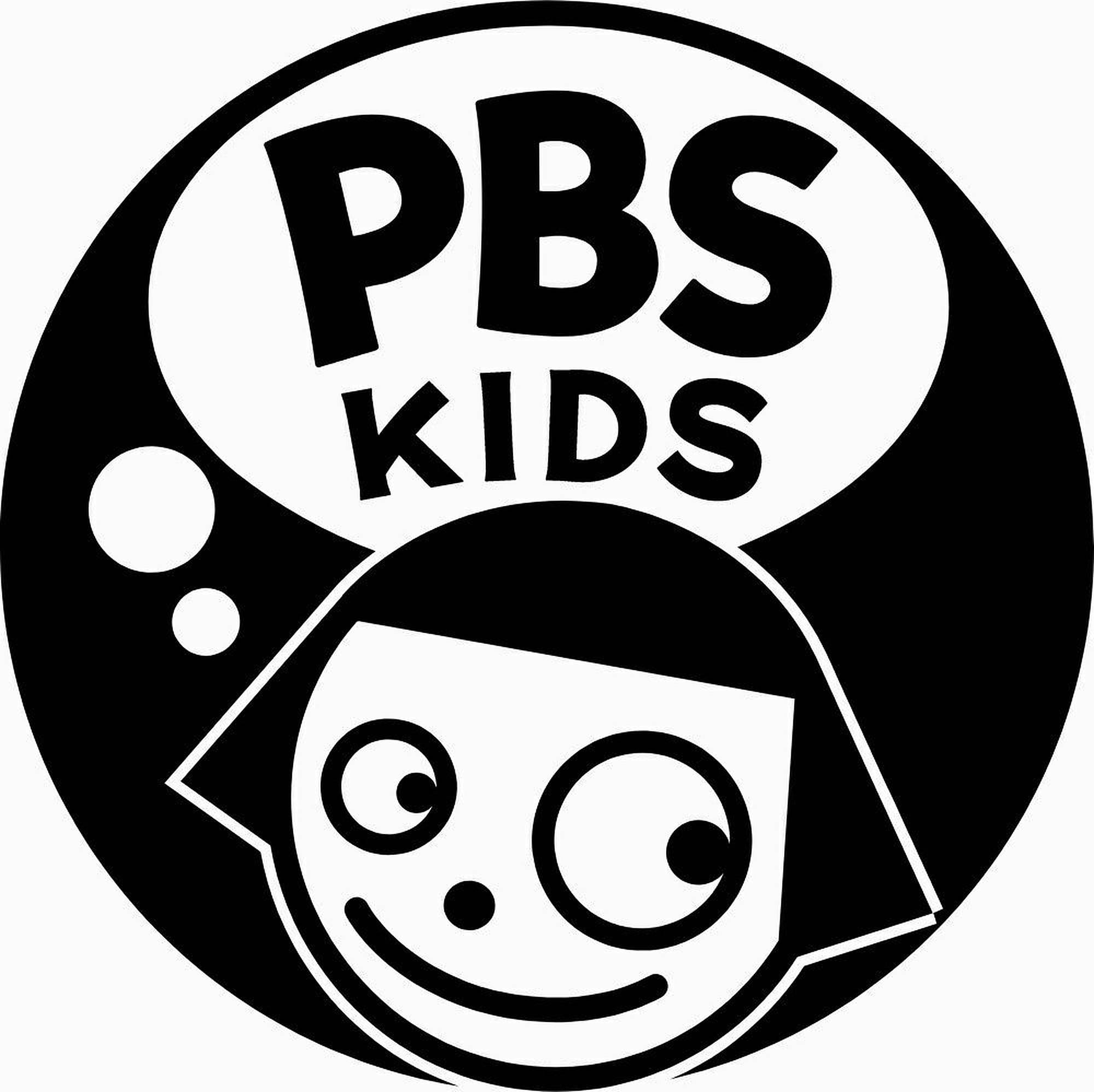Pbs 桌布 壁紙 — 一個大膽的黑白圓形標誌，上面有一個微笑的卡通小孩，大眼睛，還有文字 PBS KIDS。