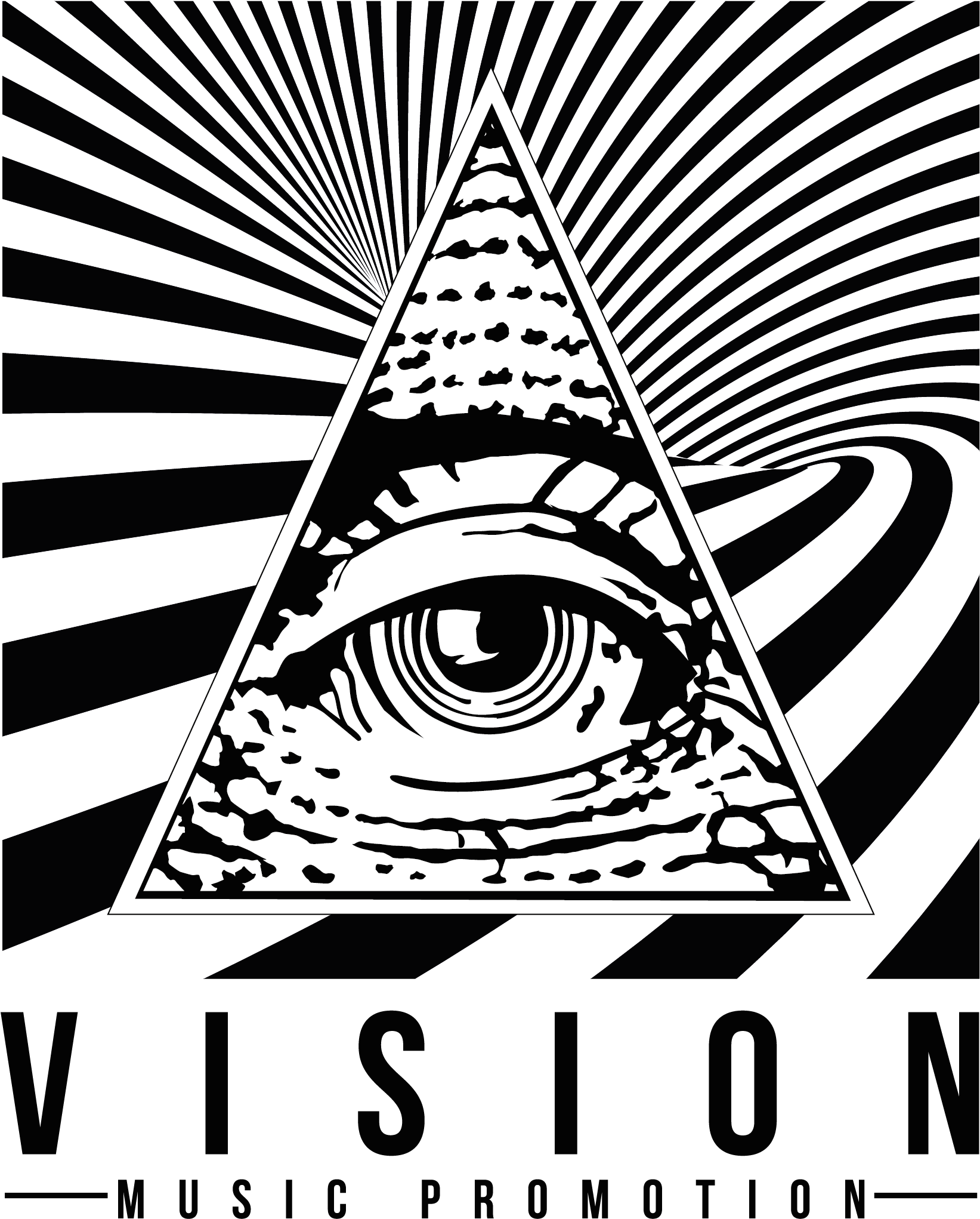 illuminati 桌布 壁紙 — 一個大膽的黑白圖形，三角形內的全視之眼，周圍環繞著放射狀條紋和漩渦圖案。